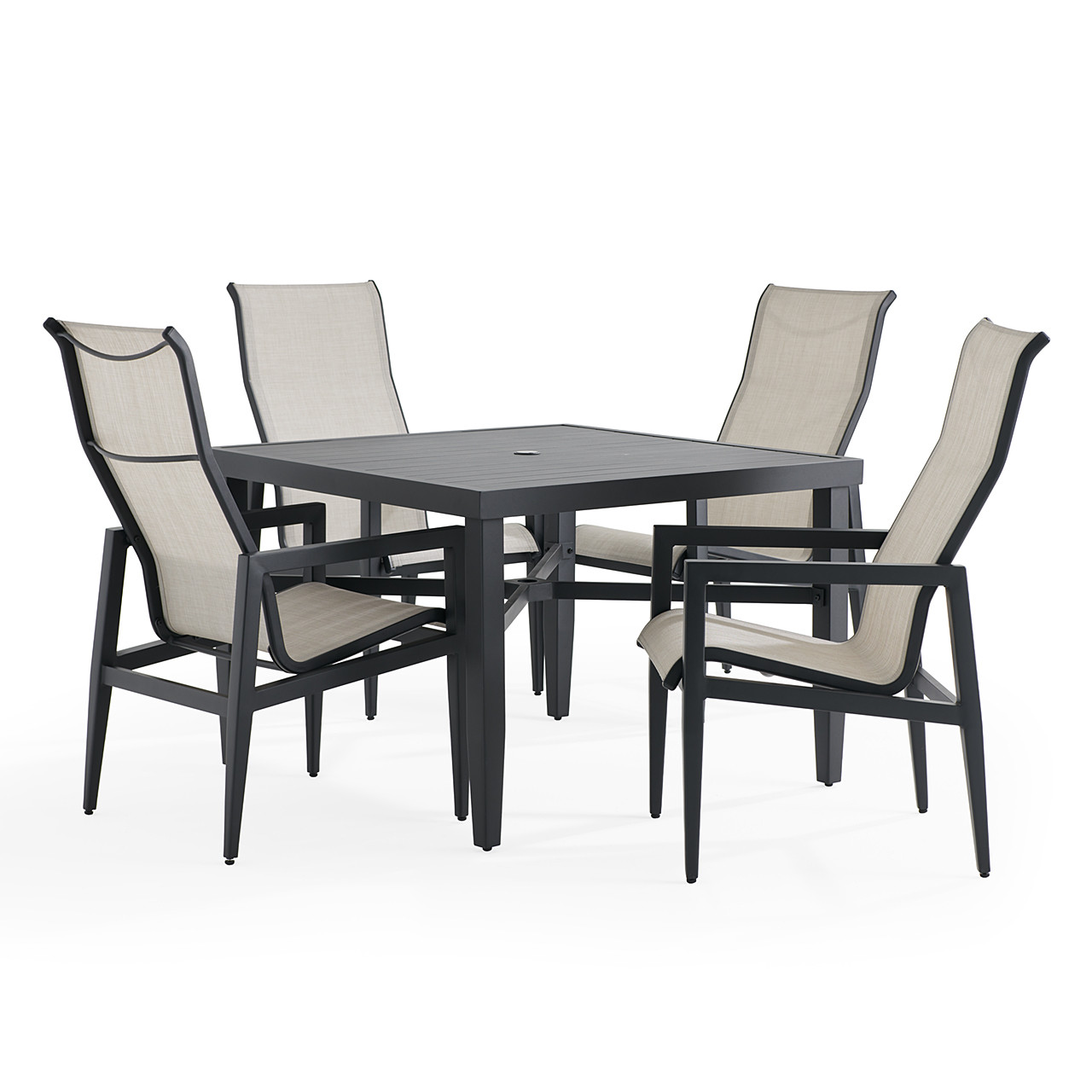 Portofino Midnight Aluminum and Prestige Stucco Sling 5 Piece Dining Set + 43 in. Sq. Table