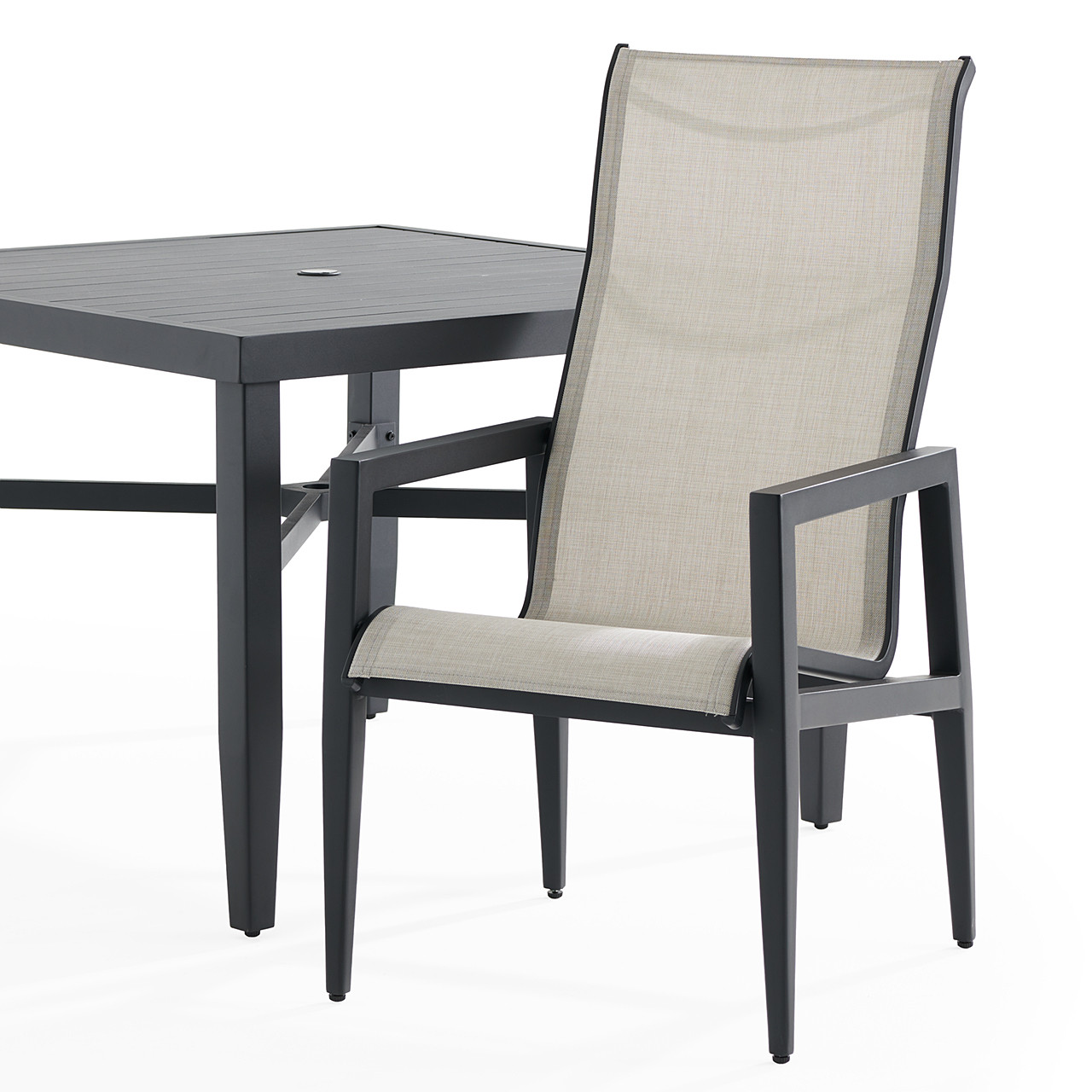 Portofino Midnight Aluminum and Prestige Stucco Sling 5 Piece Dining Set + 43 in. Sq. Table
