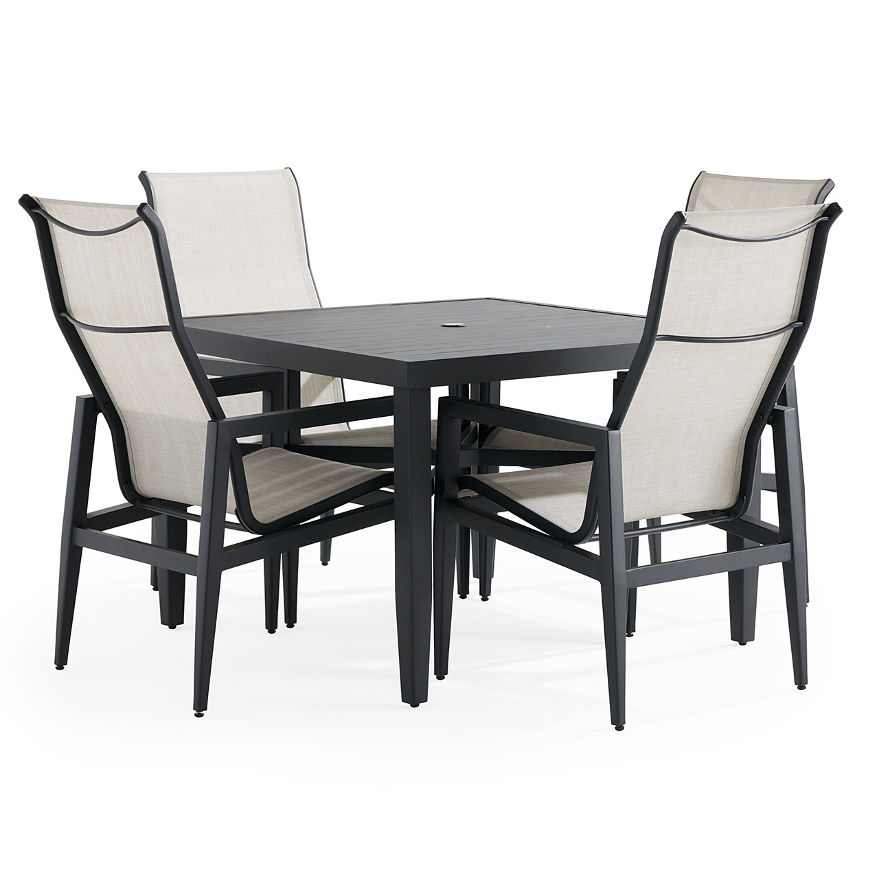 Portofino Midnight Aluminum and Prestige Stucco Sling 5 Piece Dining Set + 43 in. Sq. Table