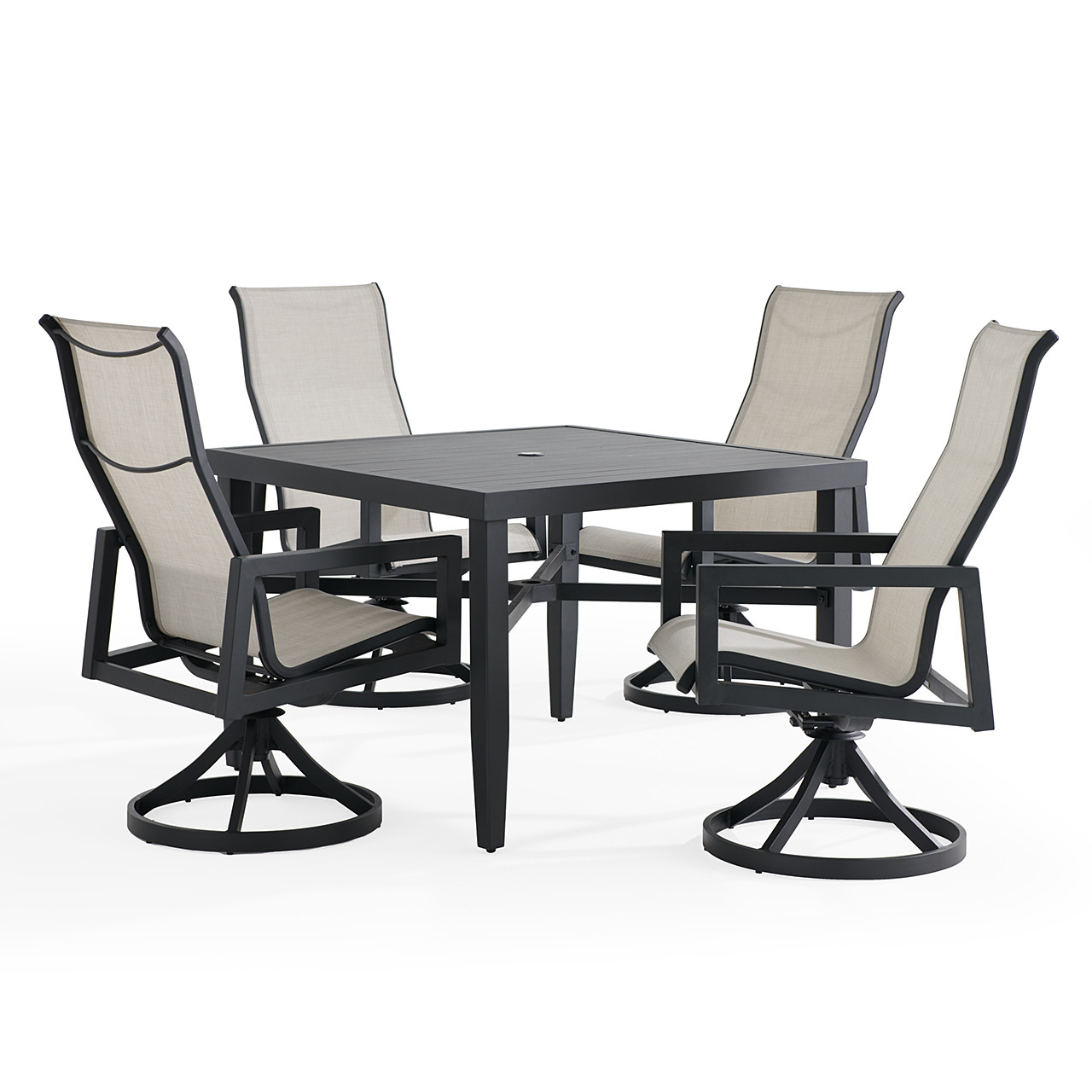 Portofino Midnight Aluminum and Prestige Stucco Sling 5 Piece Swivel Dining Set + 43 in. Sq. Table