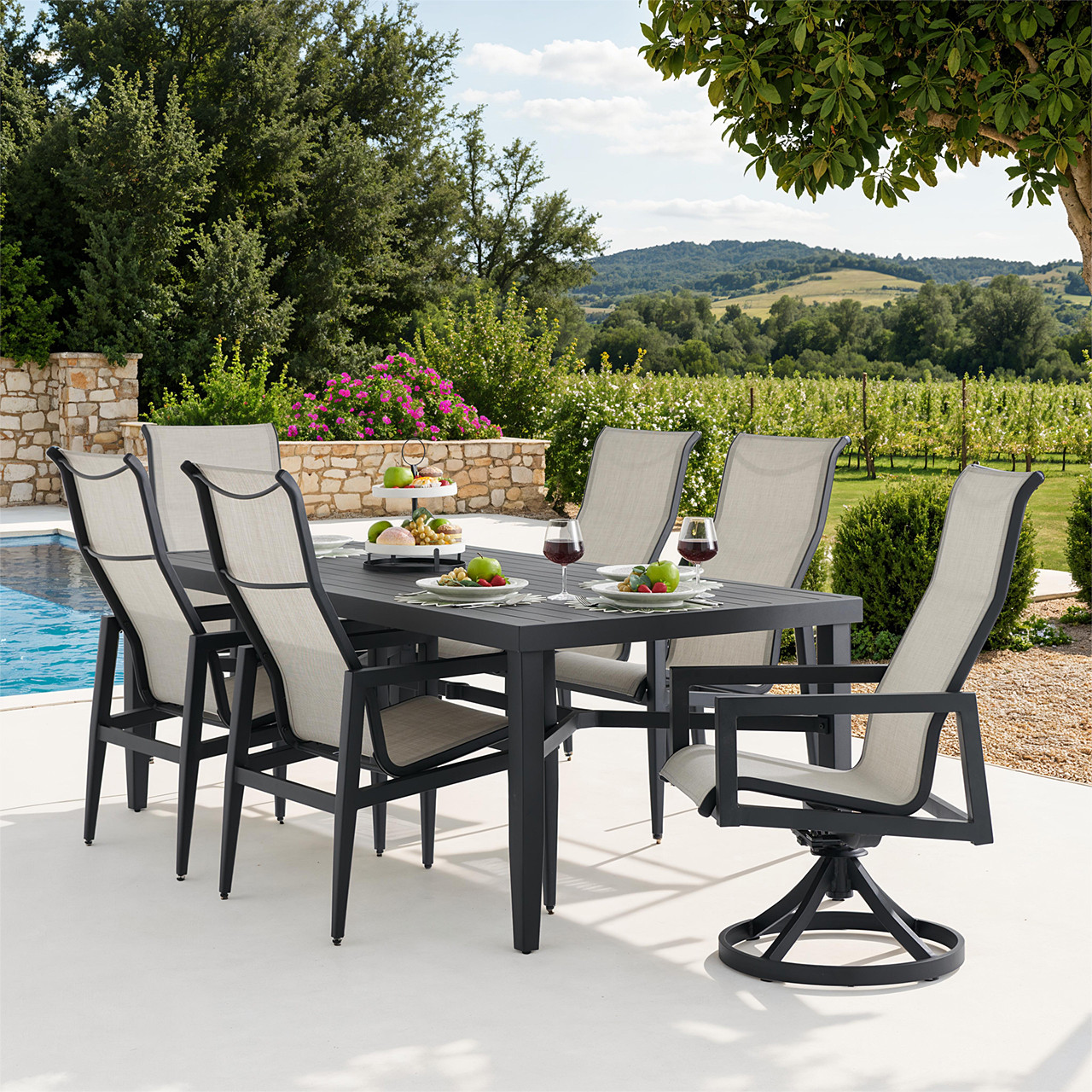 Portofino Midnight Aluminum and Prestige Stucco Sling 7 Piece Combo Dining Set + 84 x 40 in. Table