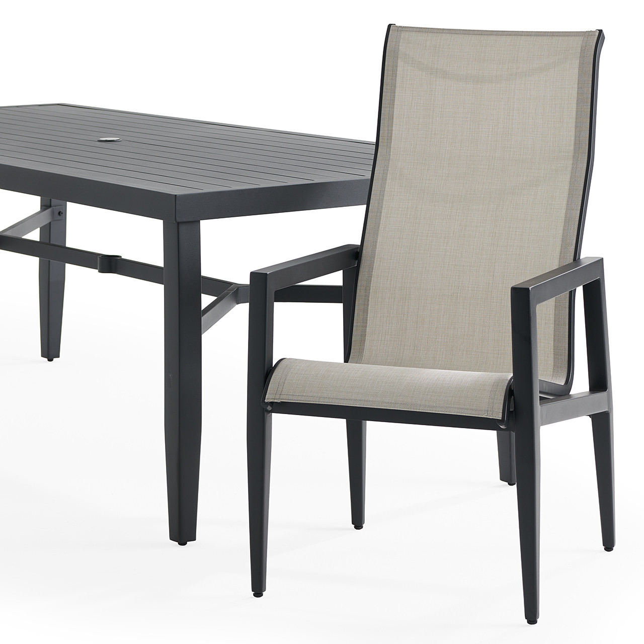 Portofino Midnight Aluminum and Prestige Stucco Sling 7 Piece Dining Set + 84 x 40 in. Table