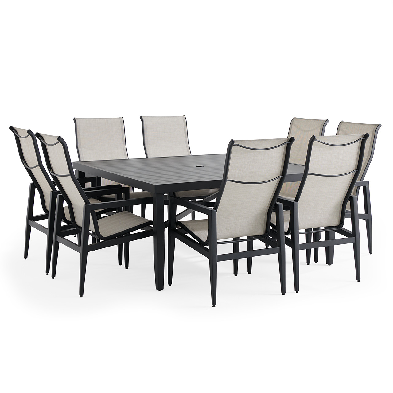 Portofino Midnight Aluminum and Prestige Stucco Sling 9 Piece Dining Set + 64 in. Sq. Table