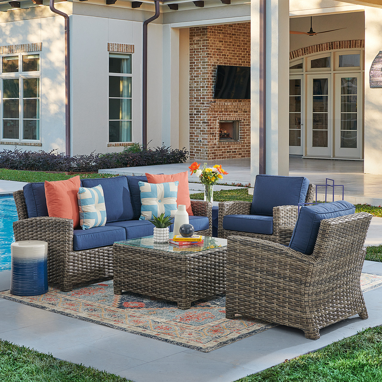 Sonoma Husk Outdoor Wicker with Cushions 4 Piece Sofa Group + 32 in. Sq. Glass Top Coffee Table