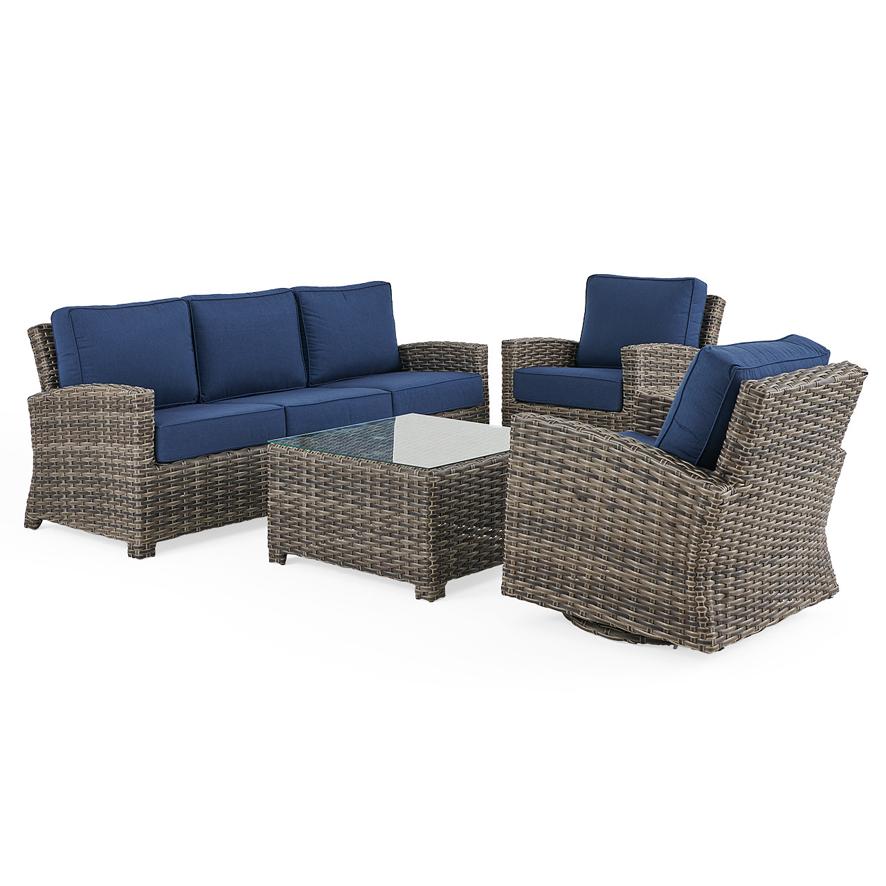 Sonoma Husk Outdoor Wicker with Cushions 4 Piece Swivel Sofa Group + 32 in. Sq. Glass Top Coffee Table