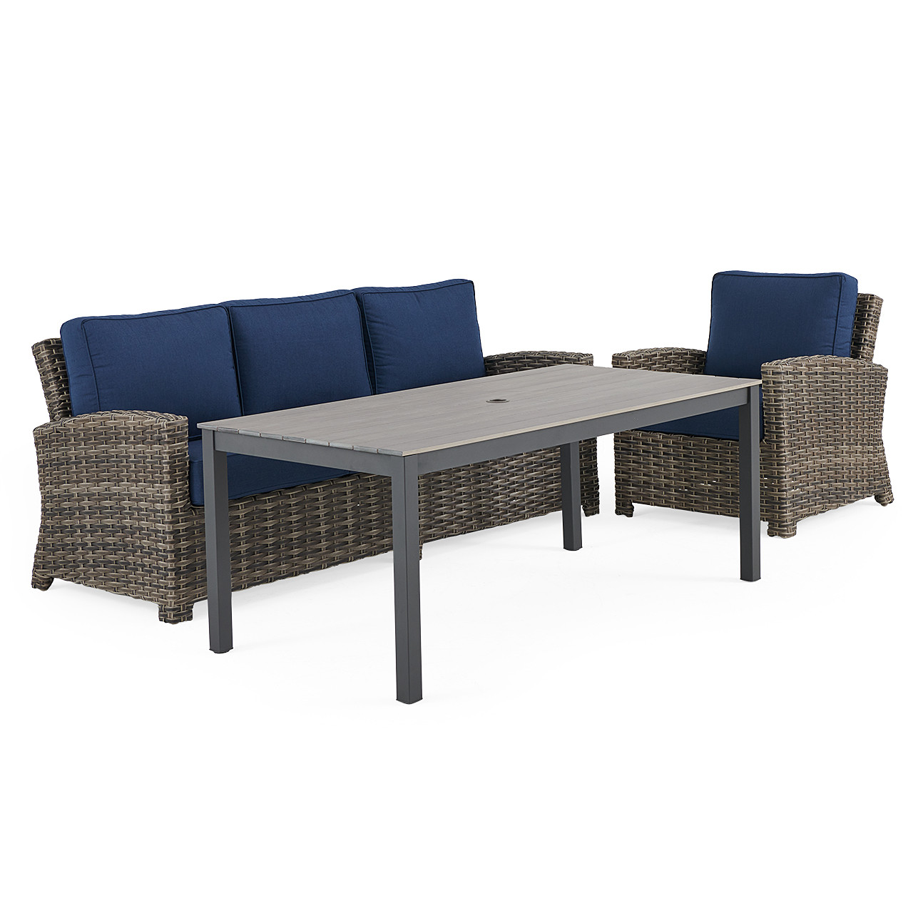Sonoma Husk Outdoor Wicker with Cushions 3 Piece Sofa Group + 65 x 33 in. Duraboard Lounge Height Coffee Table