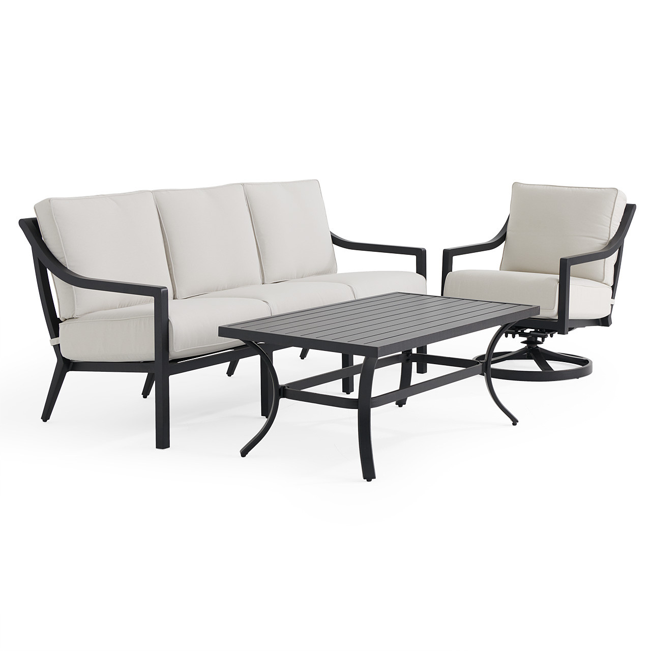 Hill Country Aged Bronze Aluminum and Cushion 3 Piece Swivel Sofa Group + 48 x 28 in. Coffee Table