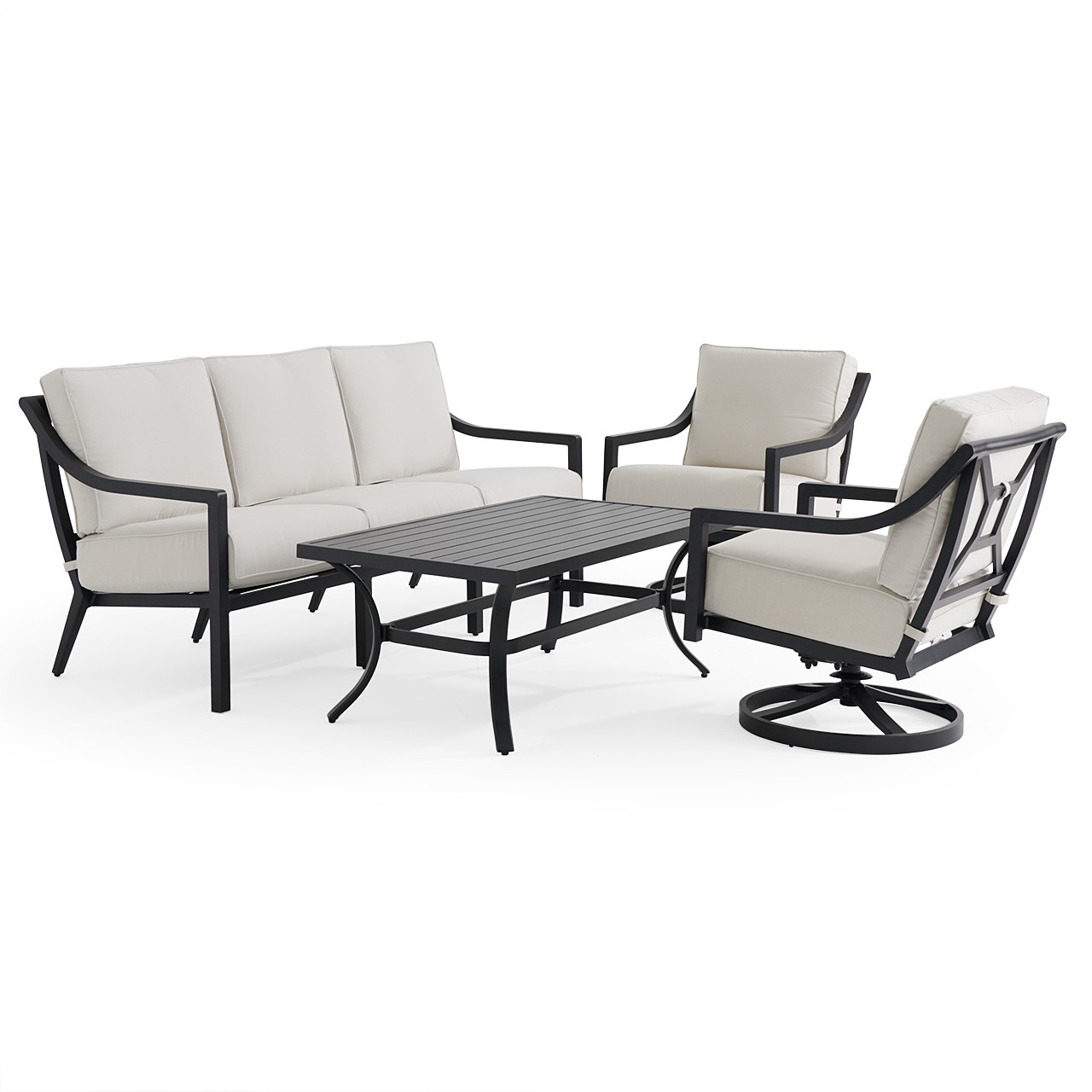 Hill Country Aged Bronze Aluminum and Cushion 4 Piece Swivel Sofa Group + 48 x 28 in. Coffee Table
