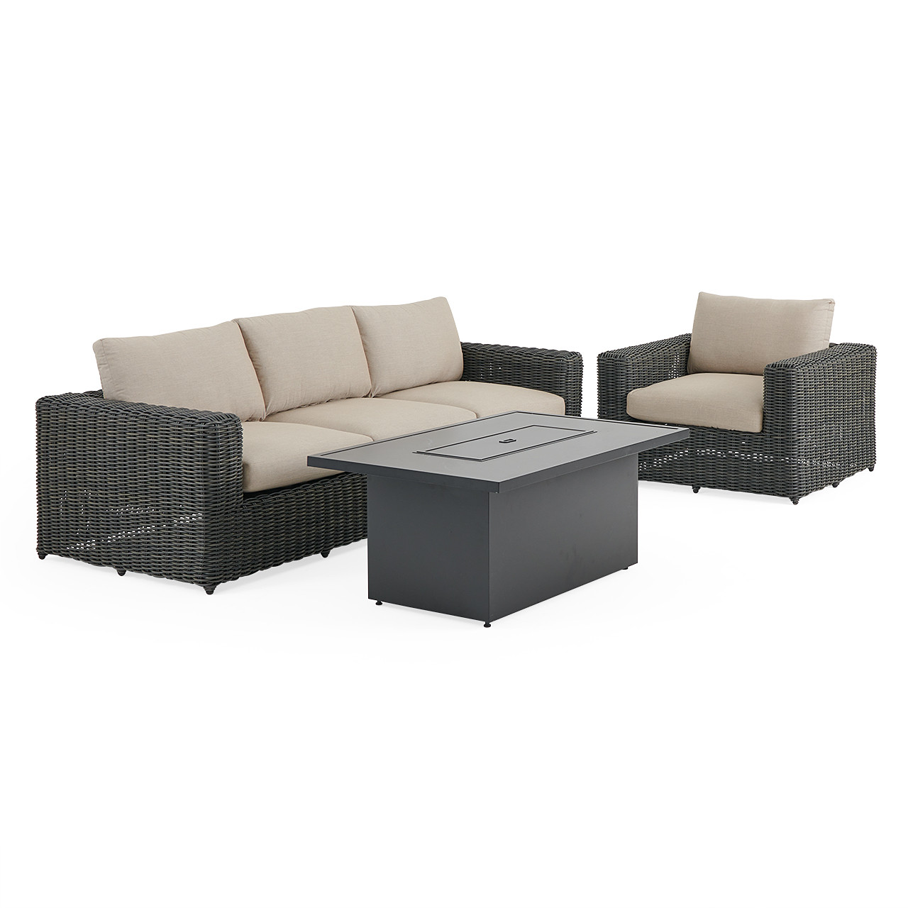 Laguna Smoke Outdoor Wicker with Cushions 3 Piece Sofa Group + 52 x 32 in. D Fire Pit Table