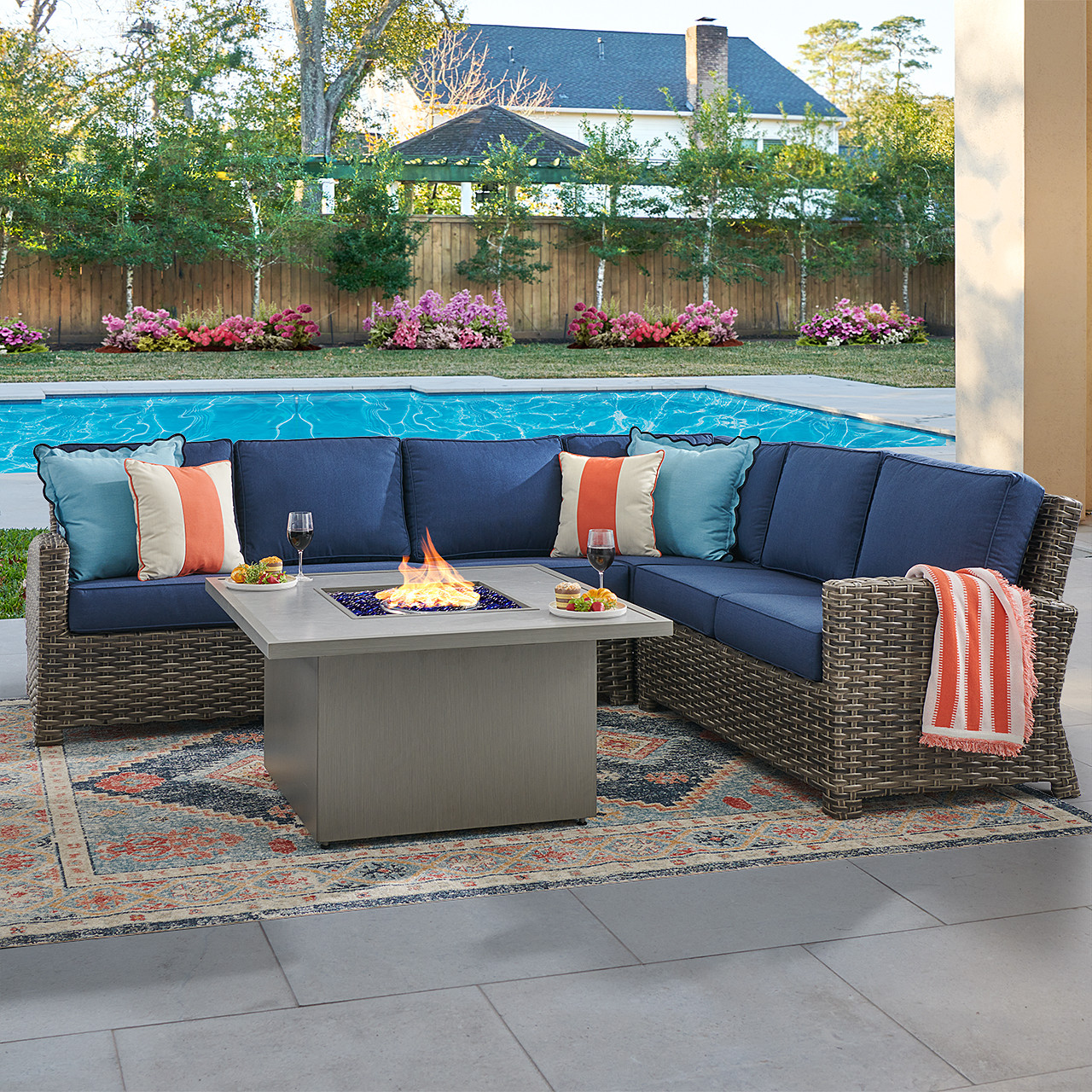 Sonoma Husk Outdoor Wicker with Cushions 5 Piece Sectional + 42 in. Sq. Sintered Fire Pit Table