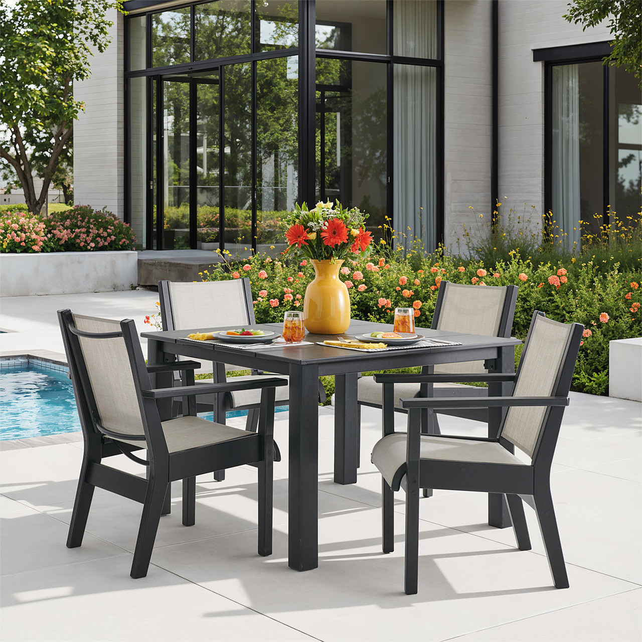 Montauk Polymer with Sling 5 Piece Dining Set + 44 in. Sq. Table
