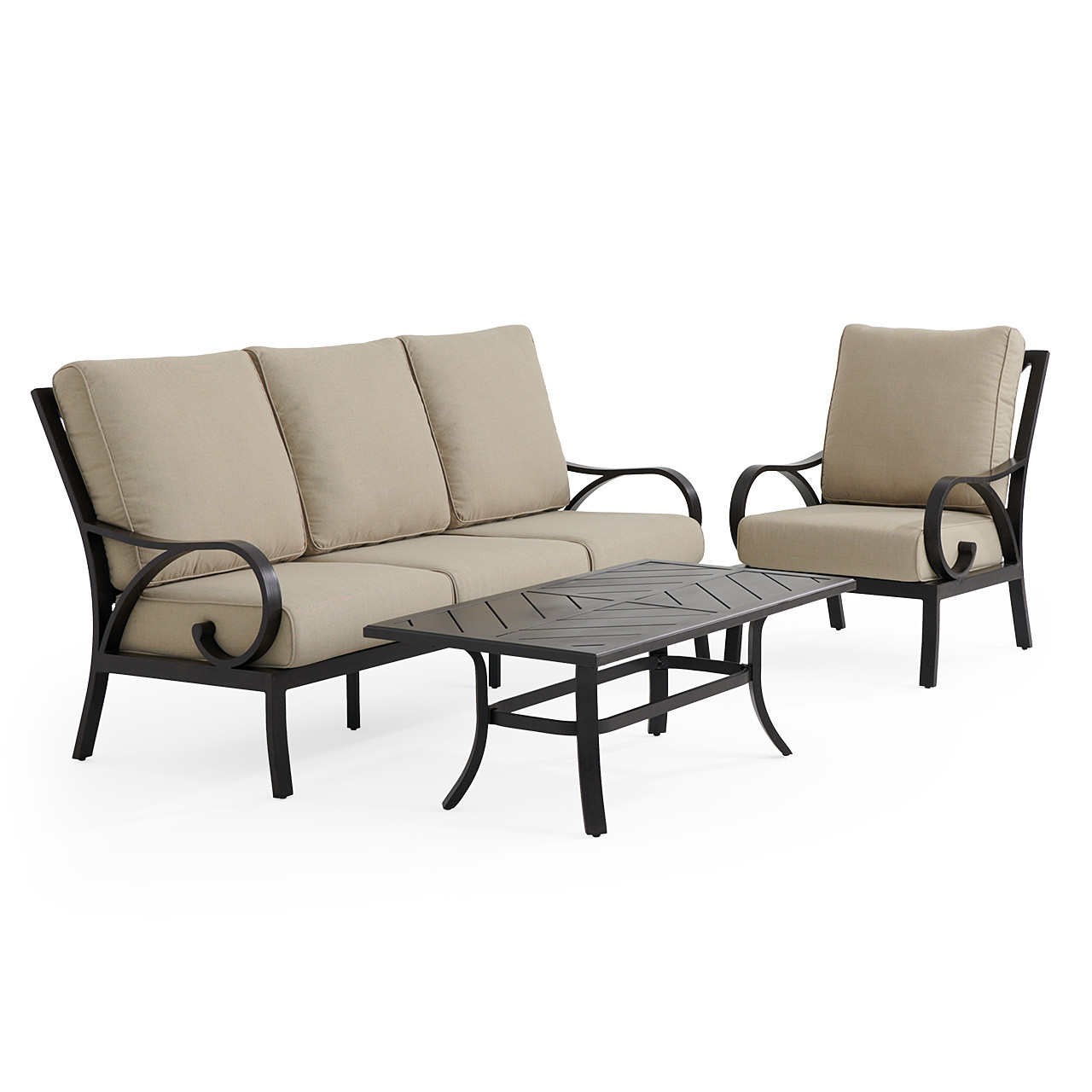 Key West Rustic Bronze Aluminum with Cushions 3 Piece Sofa Group + 48 x 26 in. Coffee Table