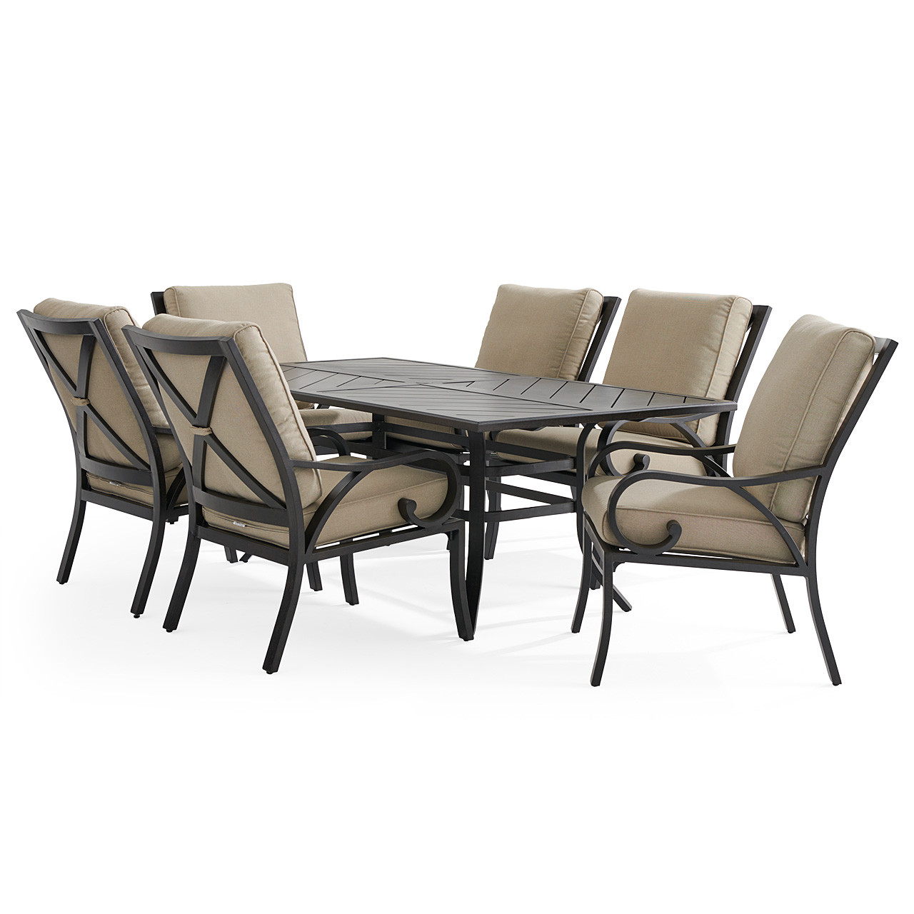 Key West Rustic Bronze Aluminum with Cushions 7 Piece Dining Set + 82 x 41 in. Table