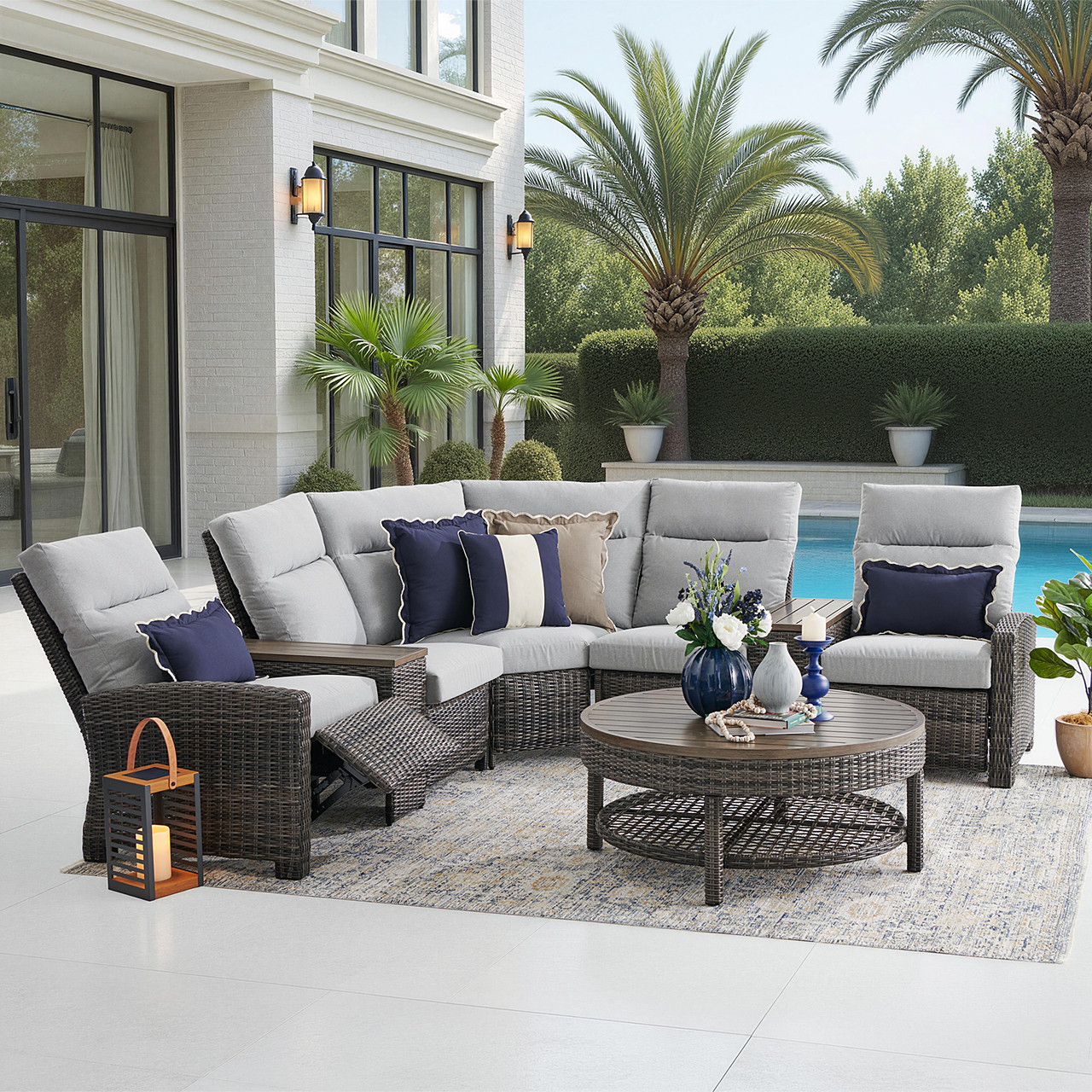 Rio Silver Oak Outdoor Wicker with Cushions 4 Piece Sectional + 42 in. D Coffee Table