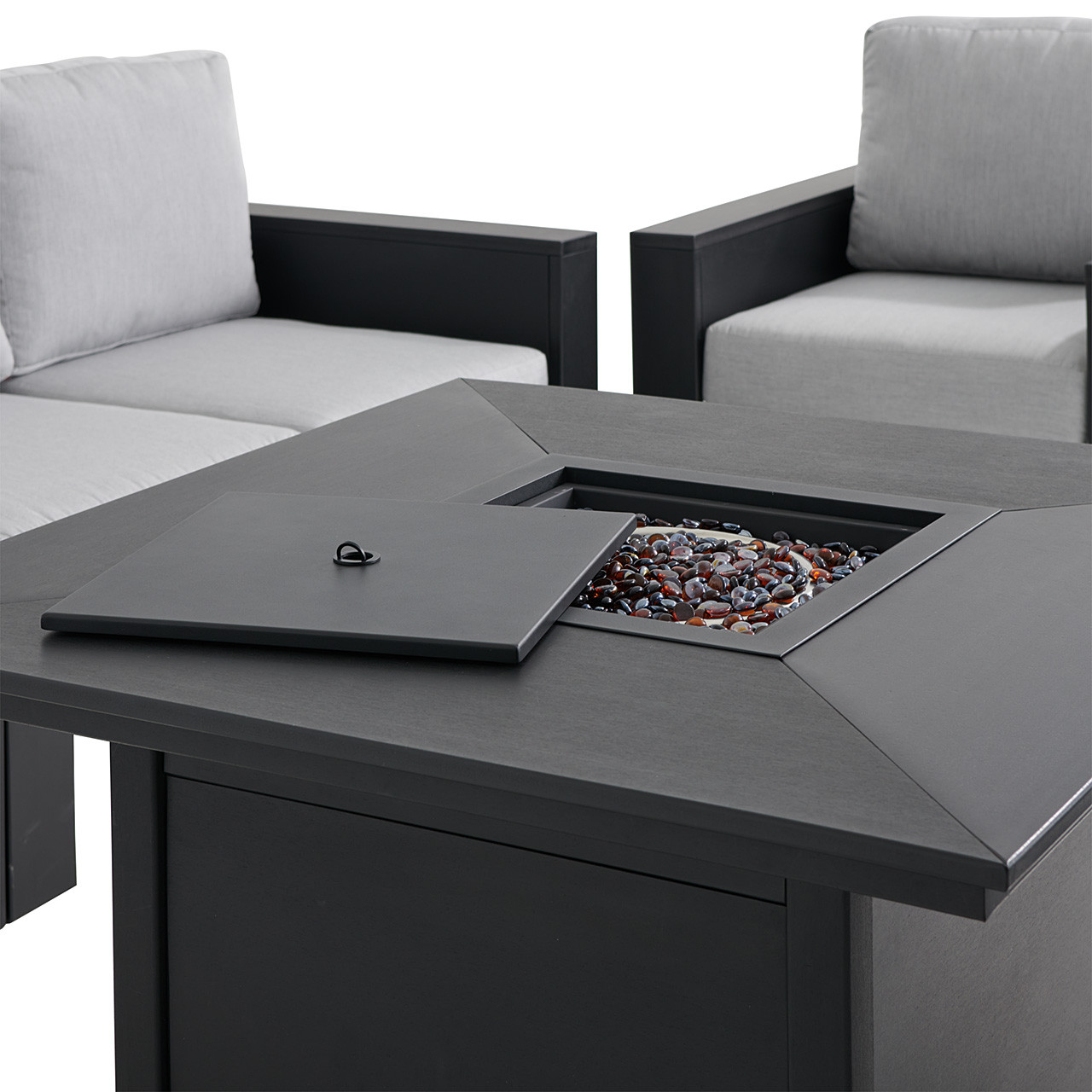 Montauk Polymer with Cushions 6 Piece Modular Sofa Group + 42 in. Sq. LP Gas Fire Pit