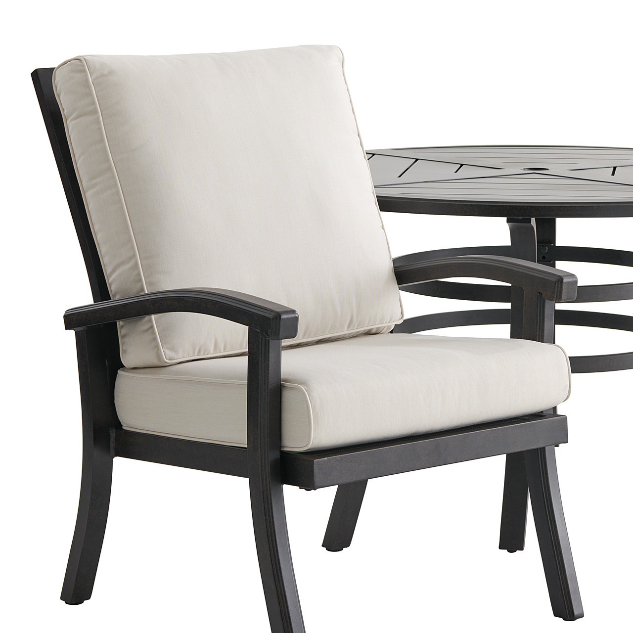 Fairmont Rustic Bronze Aluminum with Cushions 5 Piece Dining Set + 48 in. D Table