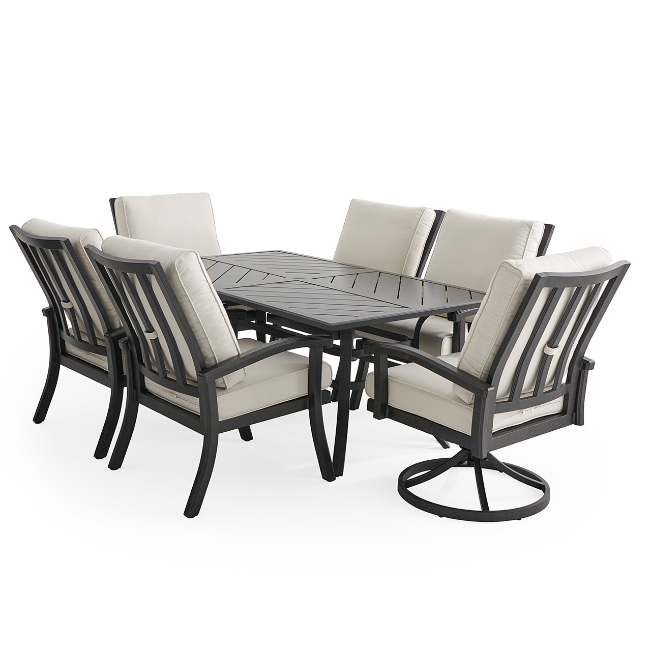 Fairmont Rustic Bronze Aluminum with Cushions 7 Piece Combo Dining Set + 70 x 40 in. Table