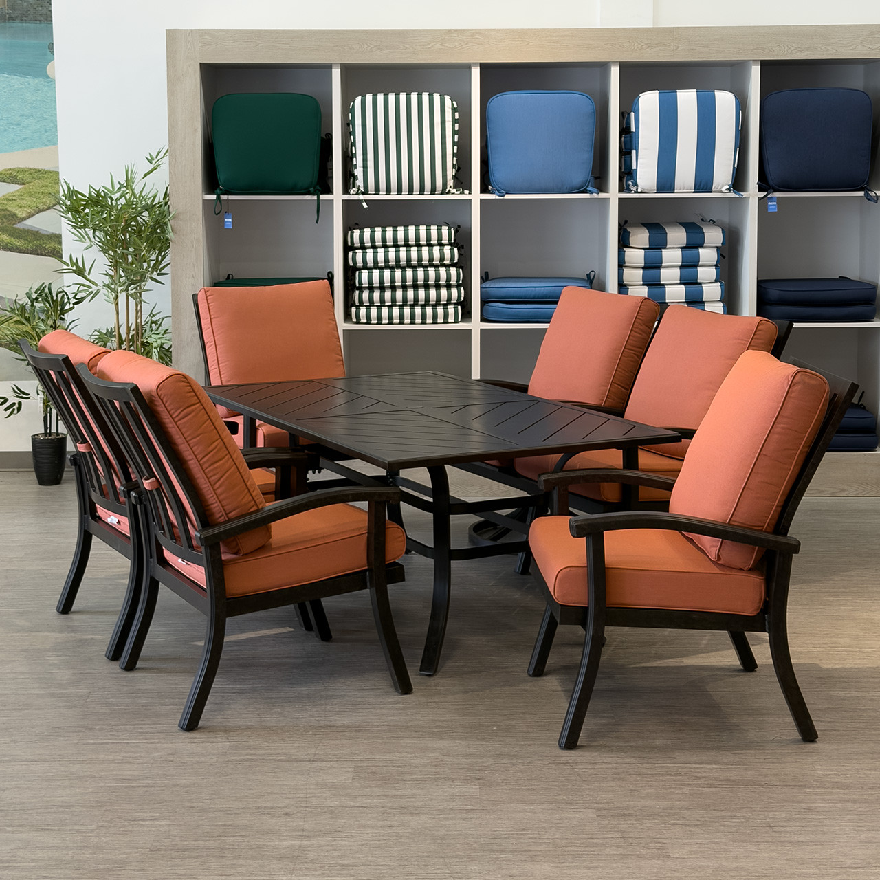 Fairmont Rustic Bronze Aluminum with Cushions 7 Piece Dining Set + 70 x 42 in. Table