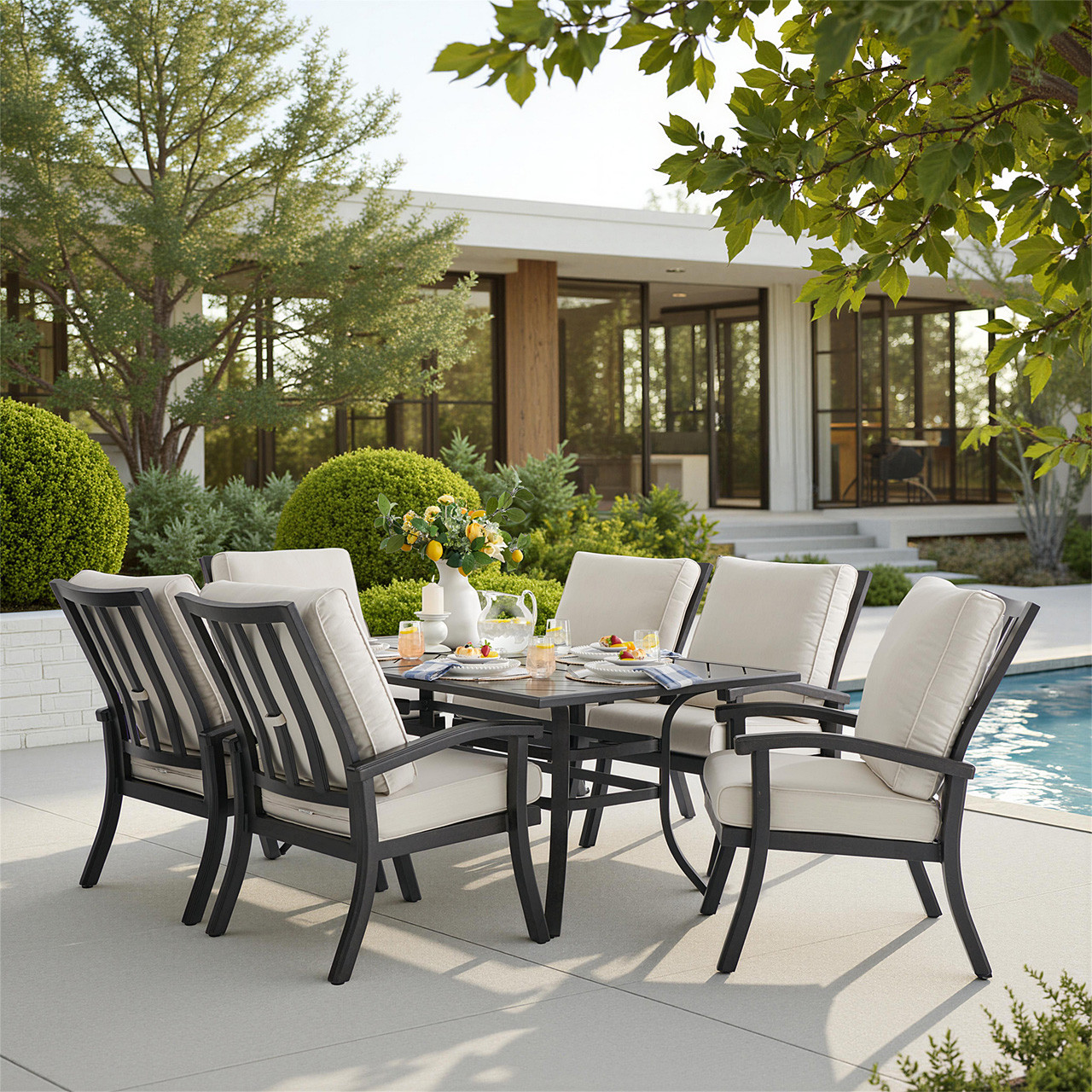 Fairmont Rustic Bronze Aluminum with Cushions 7 Piece Dining Set + 70 x 40 in. Table