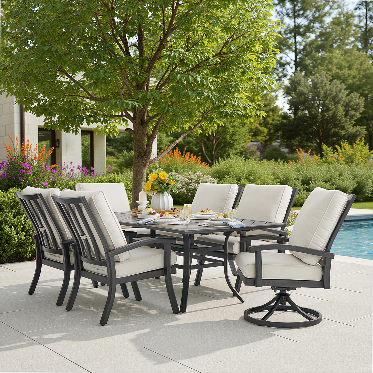 Fairmont Rustic Bronze Aluminum with Cushions 7 Piece Combo Dining