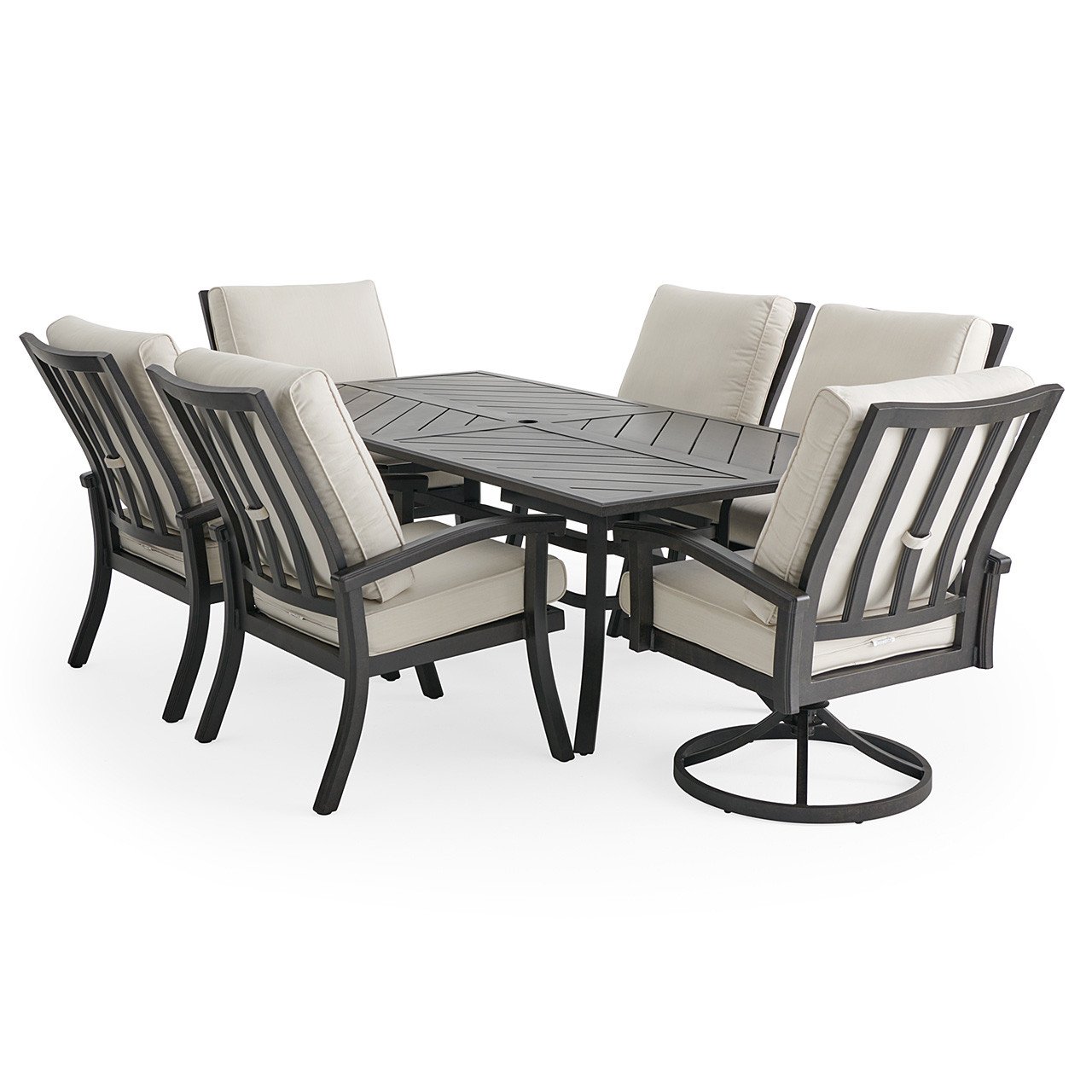 Fairmont Rustic Bronze Aluminum with Cushions 7 Piece Combo Dining Set + 82 x 41 in. Table