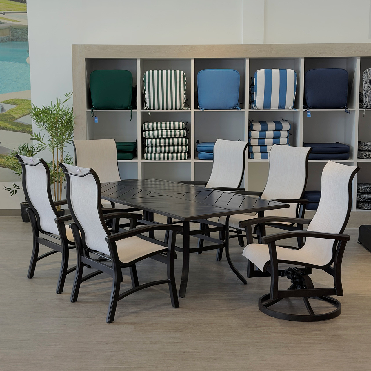 Fairmont Rustic Bronze Aluminum with Sling 7 Piece Combo Dining Set + 82 x 41 in. Table