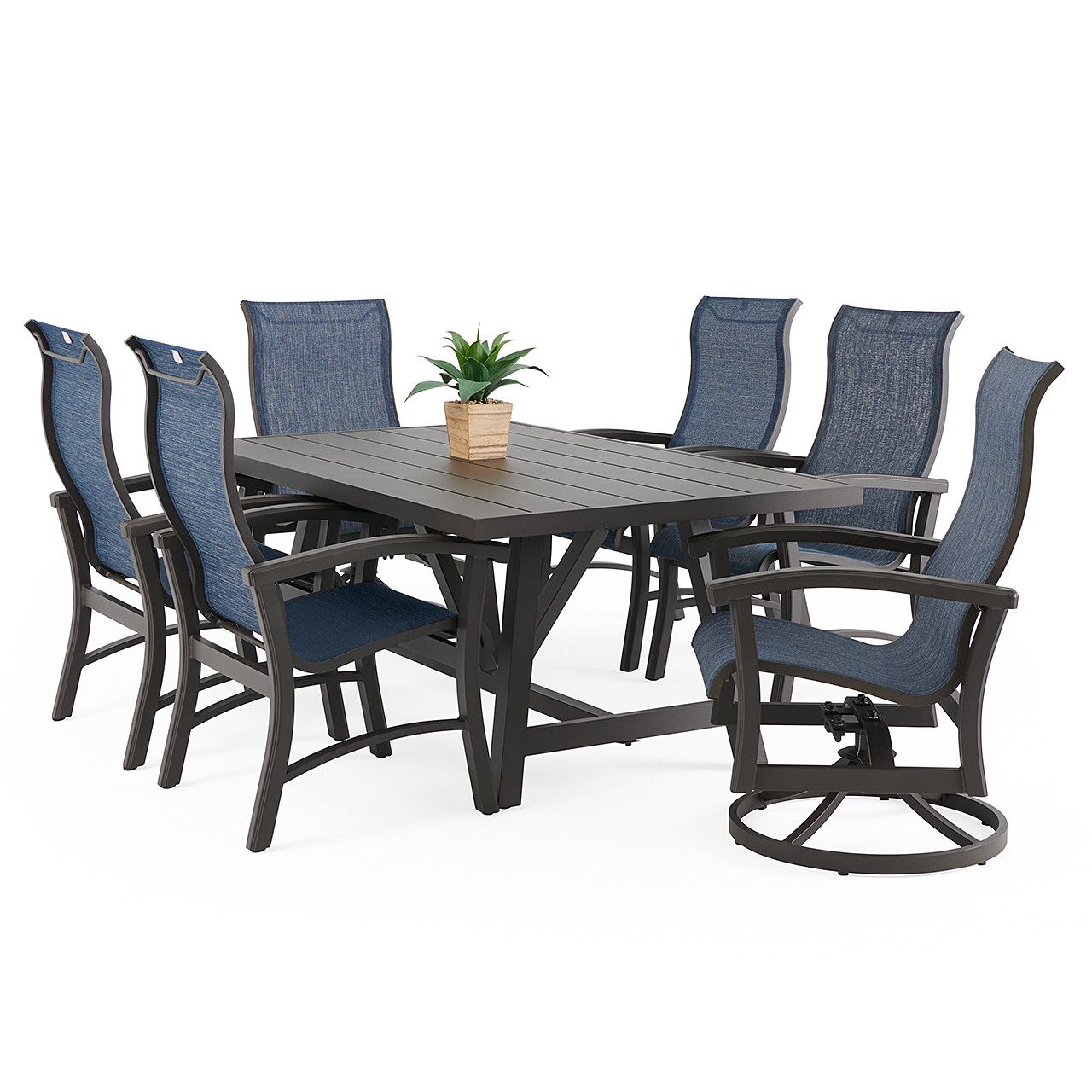 Fairmont Aged Bronze Aluminum with Collect Indigo Sling 7 Piece Combo Dining Set + 70 x 42 in. Table