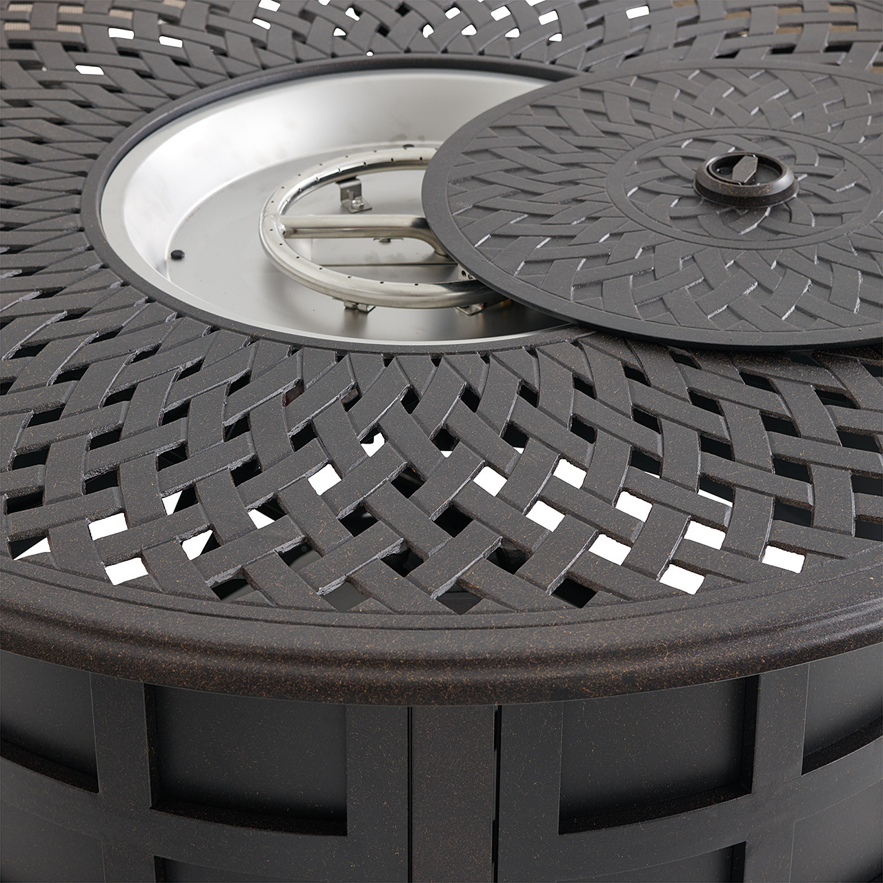 Fairmont Aged Bronze Aluminum with Collect Indigo Sling 5 Piece Swivel Chat Set + 48 in. D Carlisle Fire Pit