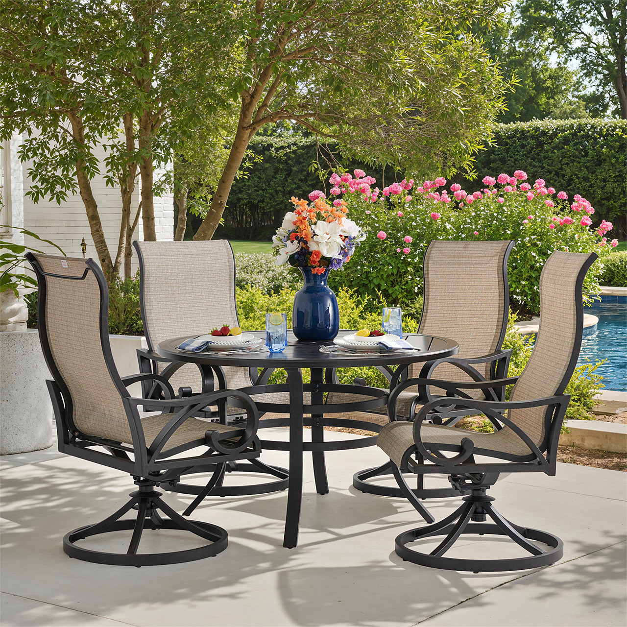Key West Rustic Bronze Aluminum with Sling 5 Piece Swivel Dining Set + 48 in. D Table