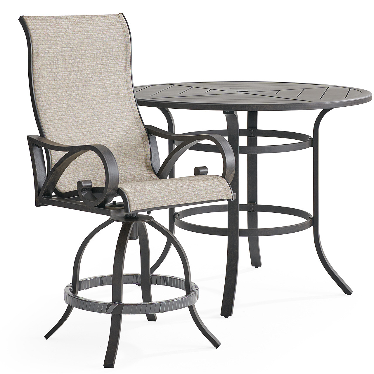 Key West Rustic Bronze Aluminum with Sling 5 Piece Swivel Gathering Set + 48 in. D Table