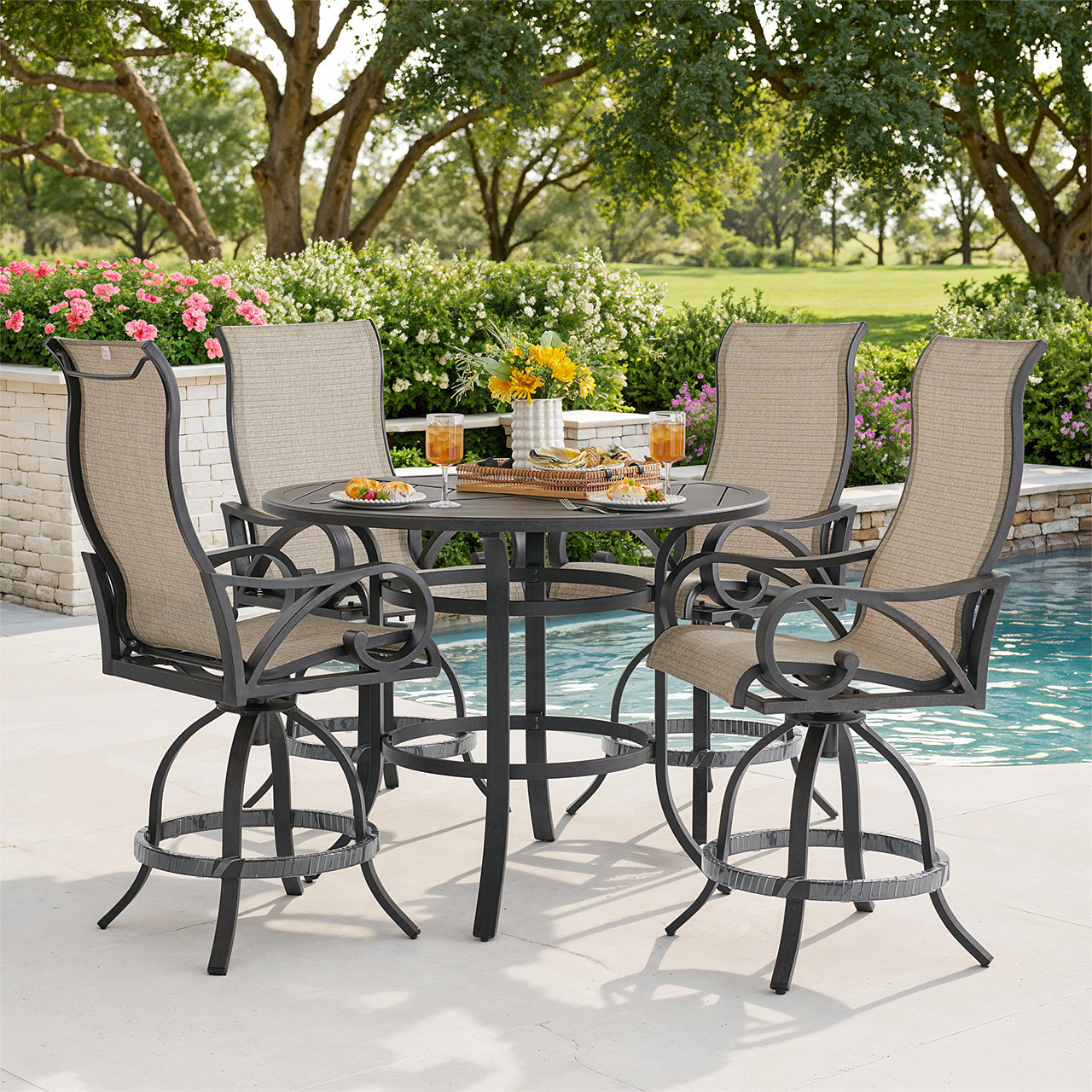 Key West Rustic Bronze Aluminum with Sling 5 Piece Swivel Gathering Set + 48 in. D Table