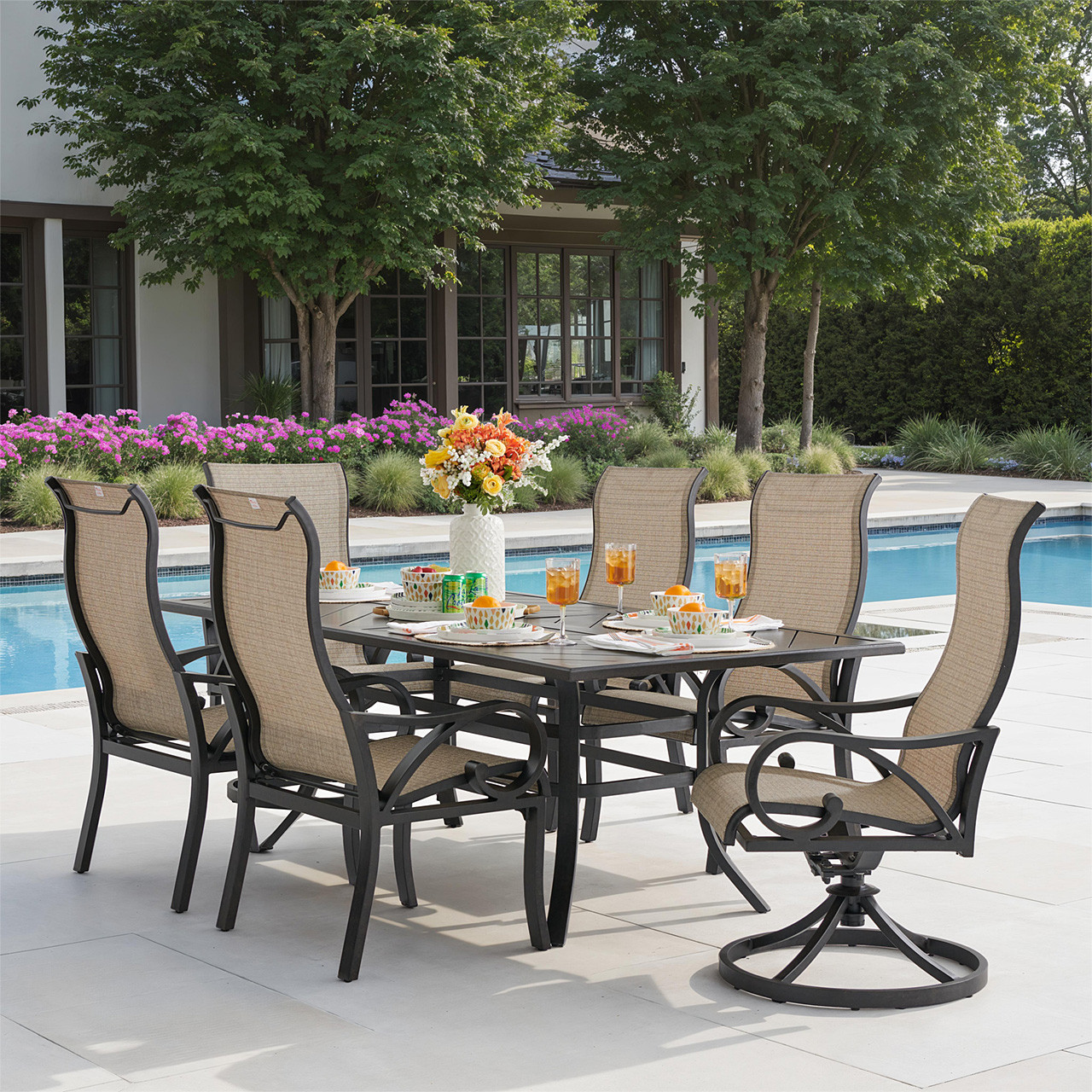 Key West Rustic Bronze Aluminum with Sling 7 Piece Combo Dining Set + 82 x 41 in. Table