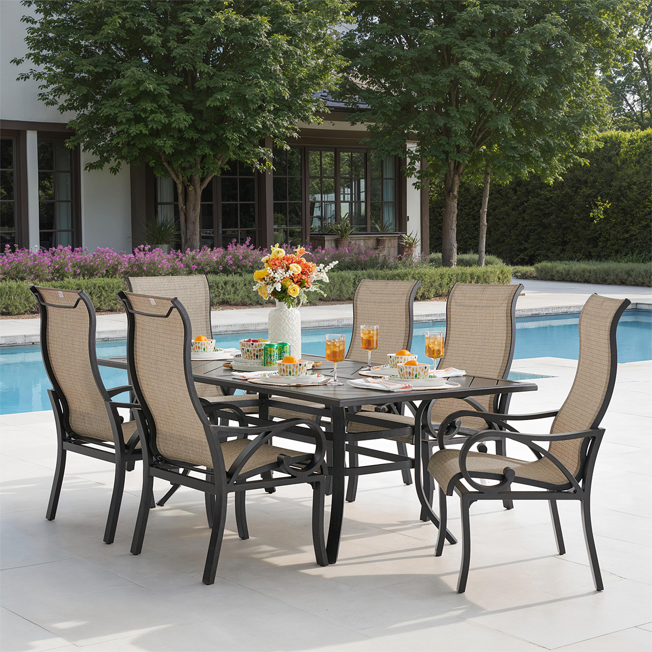 Key West Rustic Bronze Aluminum with Sling 7 Piece Dining Set + 82 x 41 in. Table