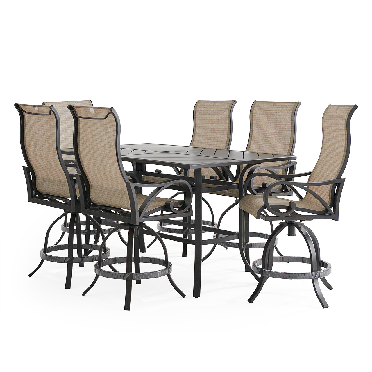 Key West Rustic Bronze Aluminum with Sling 7 Piece Swivel Gathering Set + 70 x 40 in. Table