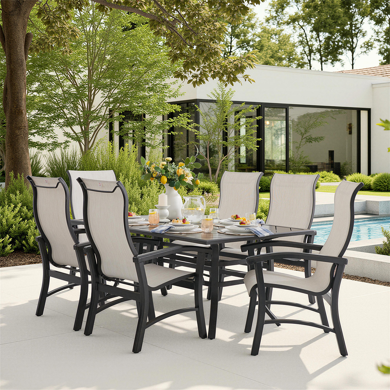 Fairmont Rustic Bronze Aluminum with Sling 7 Piece Dining Set + 70 x 40 in. Table