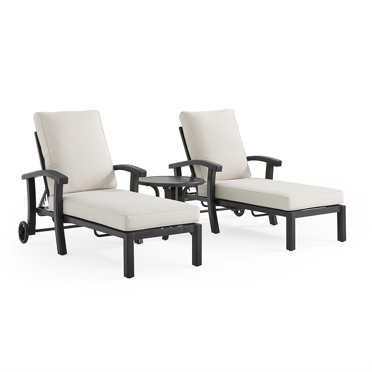 Fairmont Rustic Bronze Aluminum with Cushions 3 Piece Chaise Lounge Set + 24 in. D End Table