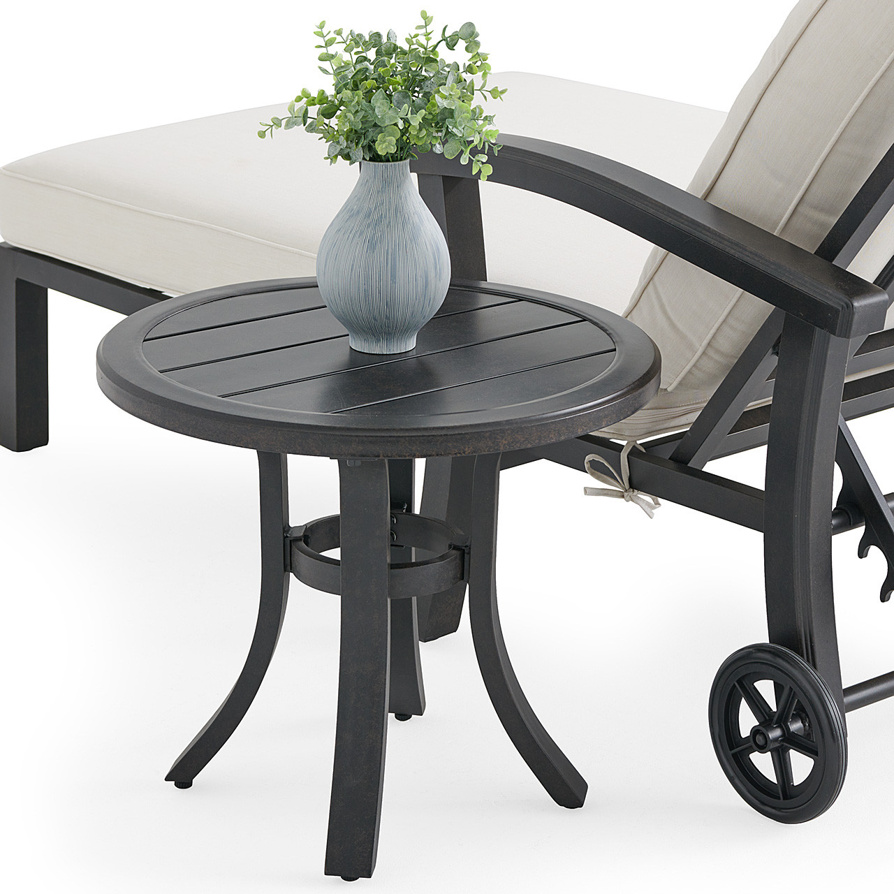 Fairmont Rustic Bronze Aluminum with Cushions 2 Piece Double Chaise Lounge Set + 24 in. D End Table