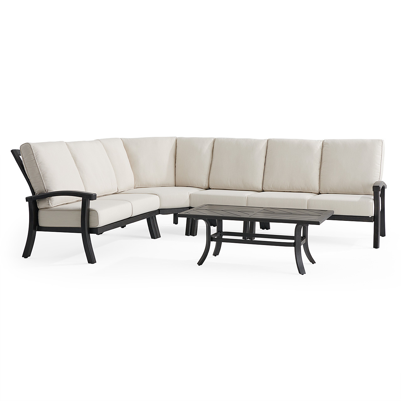 Fairmont Rustic Bronze Aluminum with Cushions 5 Piece Sectional + 48 x 26 in. Coffee Table