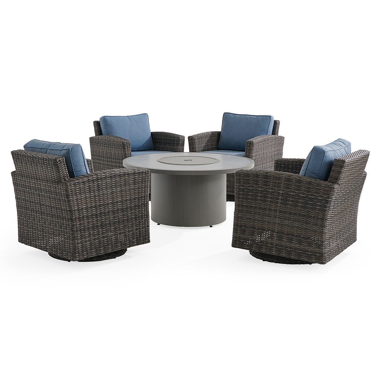 Venice Silver Oak Outdoor Wicker with Cushions 5 Piece Swivel Chat Set + 48 in. D Driftwood Sintered Fire Pit