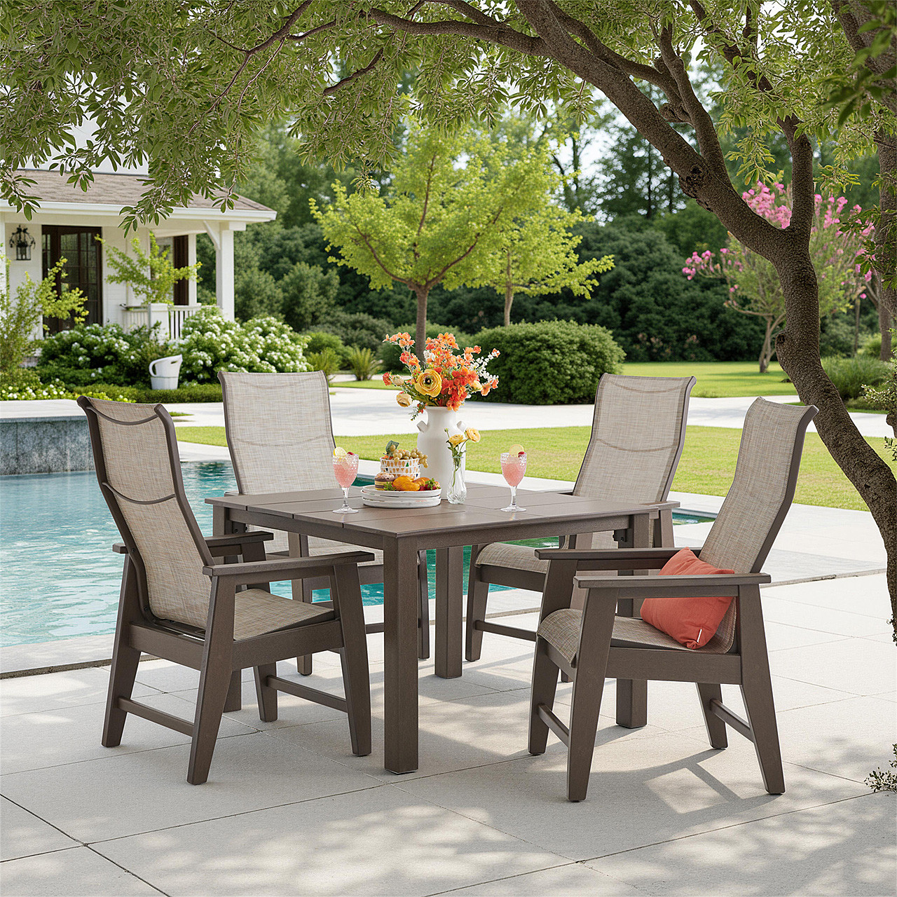 Savannah Mocha Polymer with Augustine Oyster Sling 5 Piece Dining Set + 44 in. Sq. Table