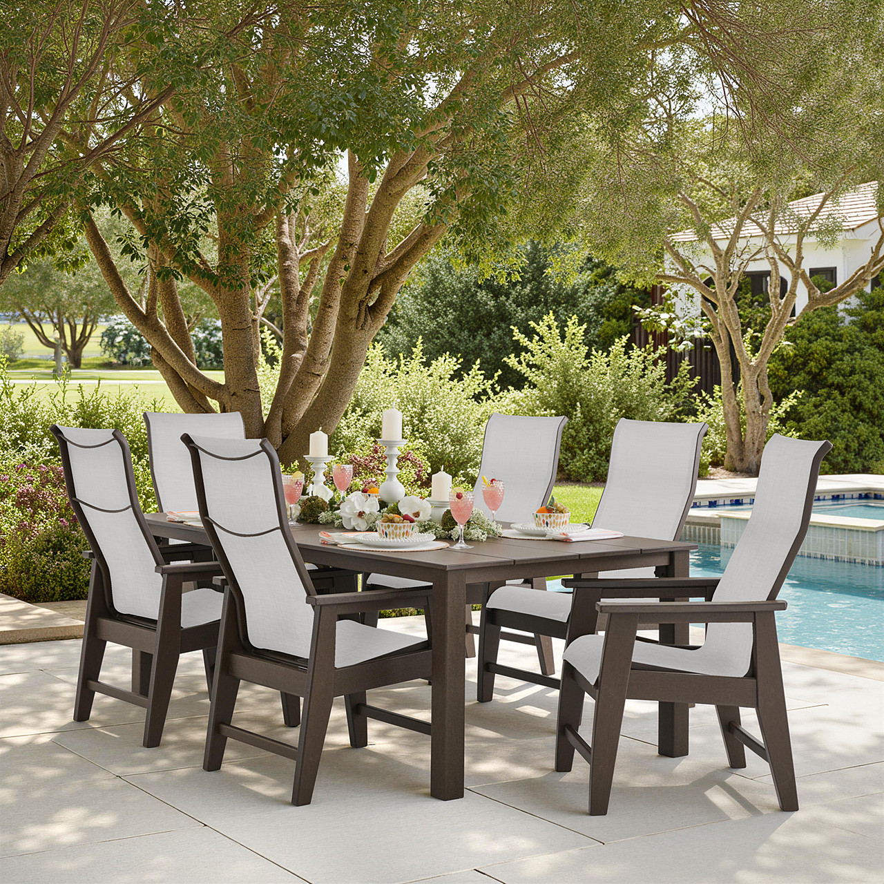 Savannah Mocha Polymer with Augustine Oyster Sling 7 Piece Dining