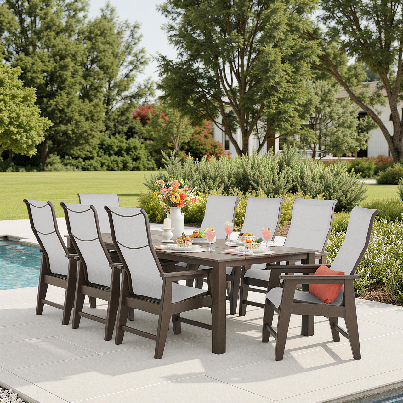 Savannah Mocha Polymer with Augustine Oyster Sling 9 Piece Dining