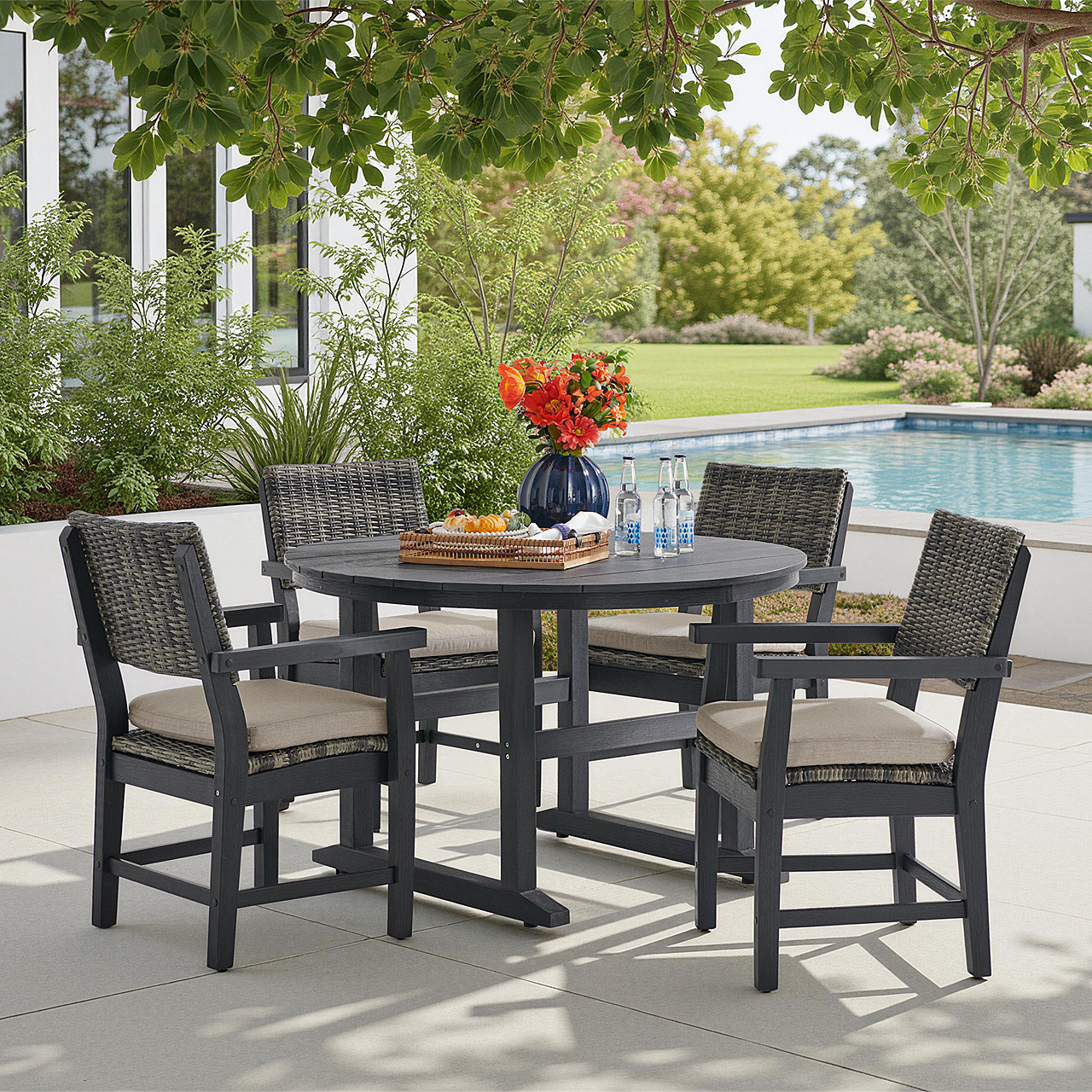 Nantucket Black Polymer and Wicker with Cushions 5 Piece Dining Set + 48 in. D Dining Table
