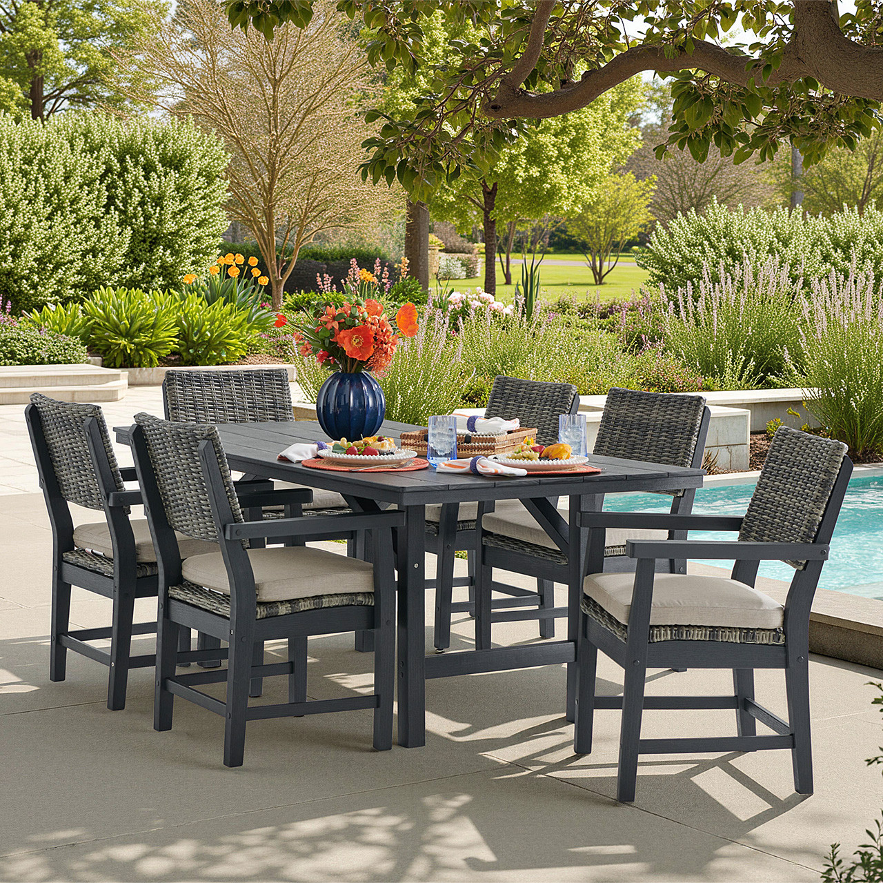 Nantucket Black Polymer and Wicker with Cushions 7 Piece Dining Set + 72 x 40 in. Dining Table
