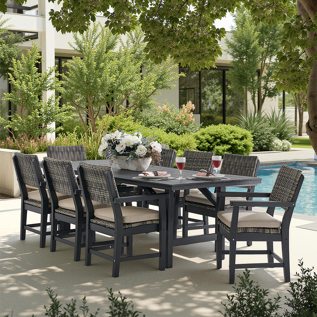 Nantucket Black Polymer and Wicker with Cushions 9 Piece Dining Set + 96 x 40 in. Dining Table