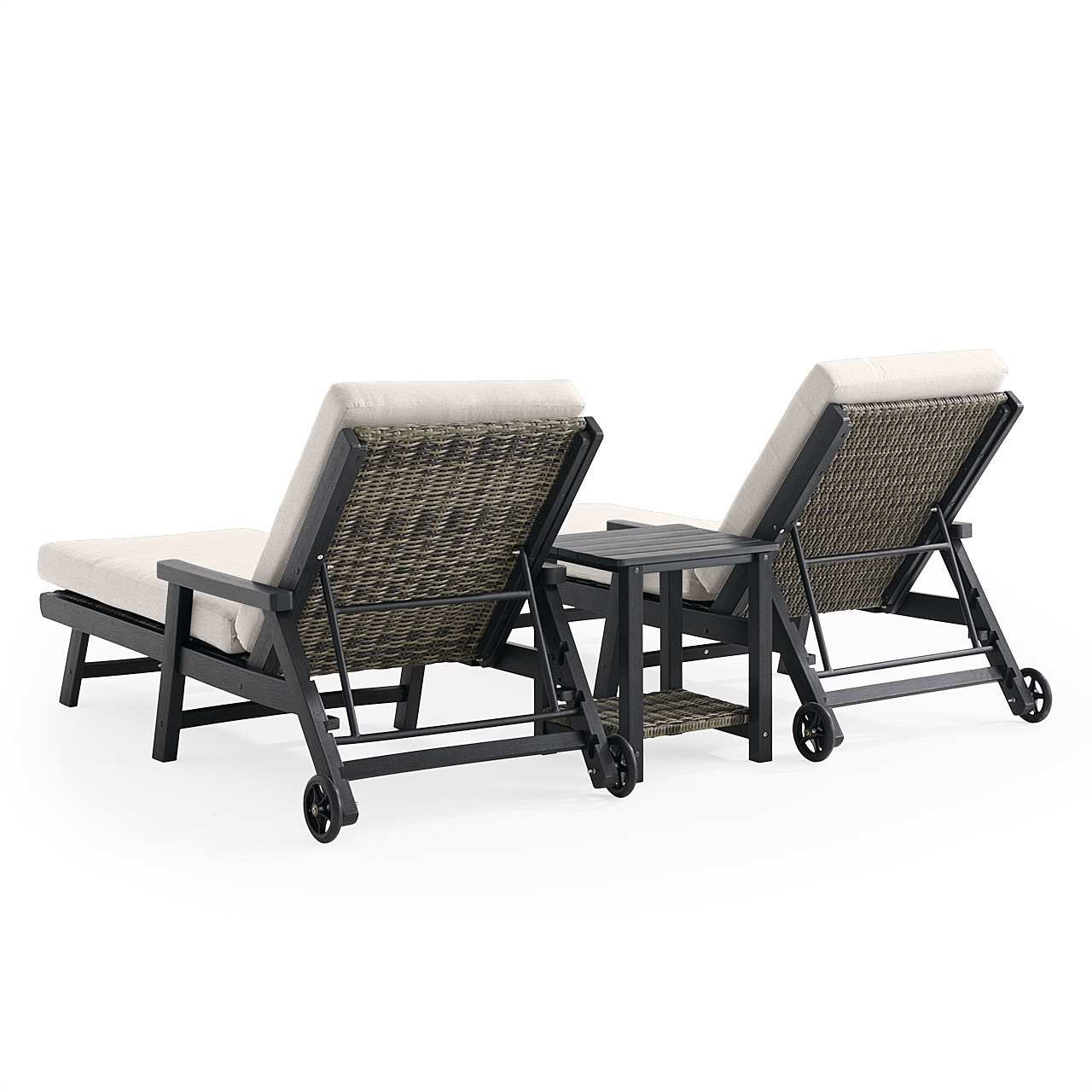 Nantucket Black Polymer and Wicker with Cushions 3 Piece Chaise Lounge Set + 20 x 16 in. Side Table