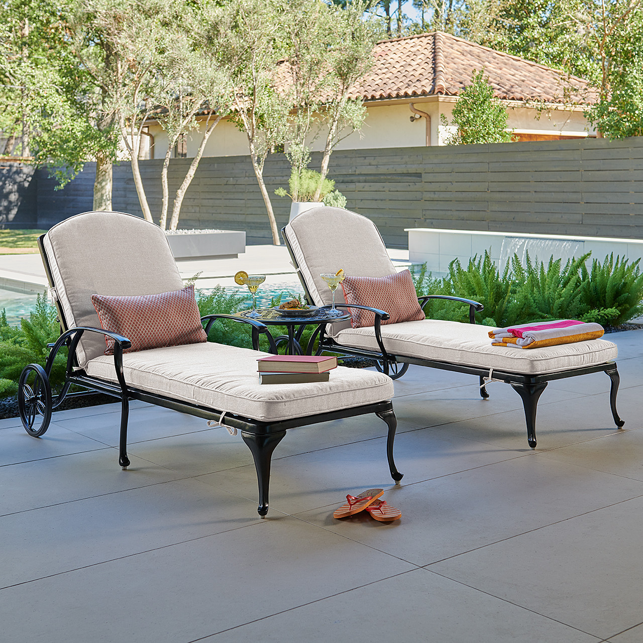 Tivoli Matte Black Cast Aluminum with Cushions 3 Piece Chaise Lounge Set + 22 in. D Side Table