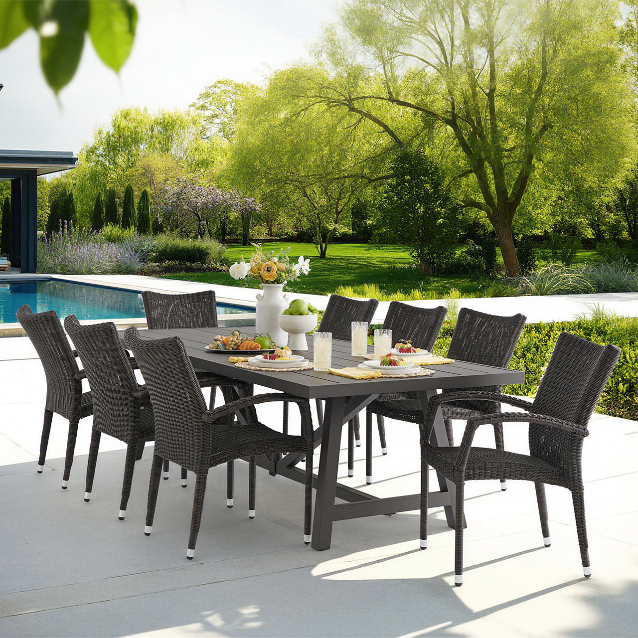 Fairmont Espresso Wicker and Aluminum 9 Piece Dining Set + 100 x 40 in. Table