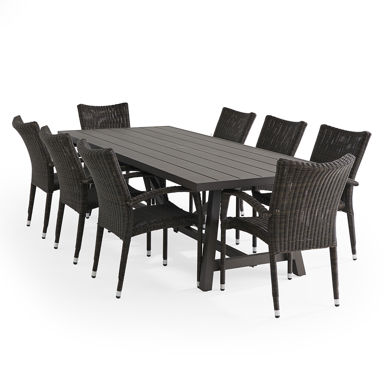 Fairmont Espresso Wicker and Aluminum 9 Piece Dining Set + 100 x 40 in. Table