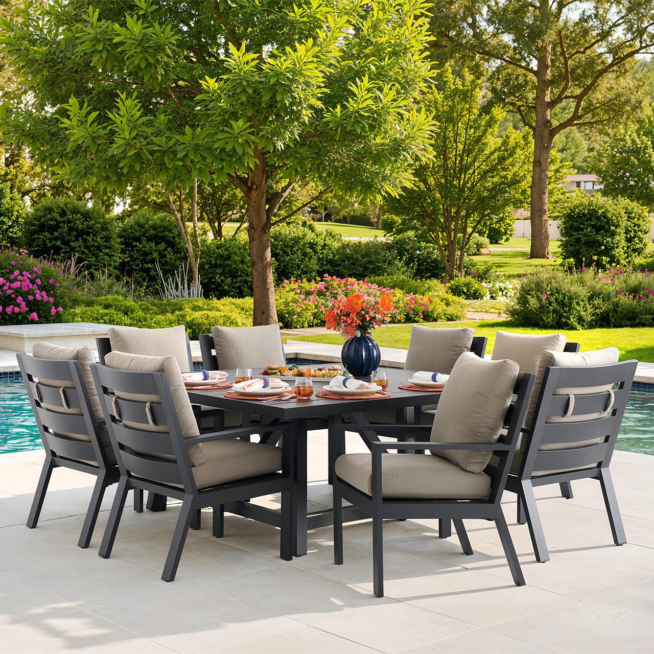 Montecito Charcoal Aluminum with Cushions 9 Piece Dining Set + 66 in. Sq. Table